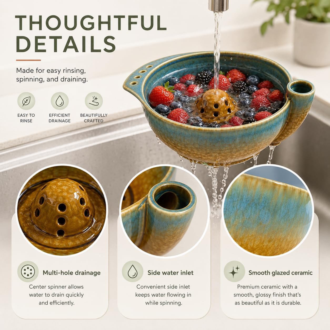Ceramic Berry Washing Bowl, Self-Spinning Fruit Washer with Drain Holes