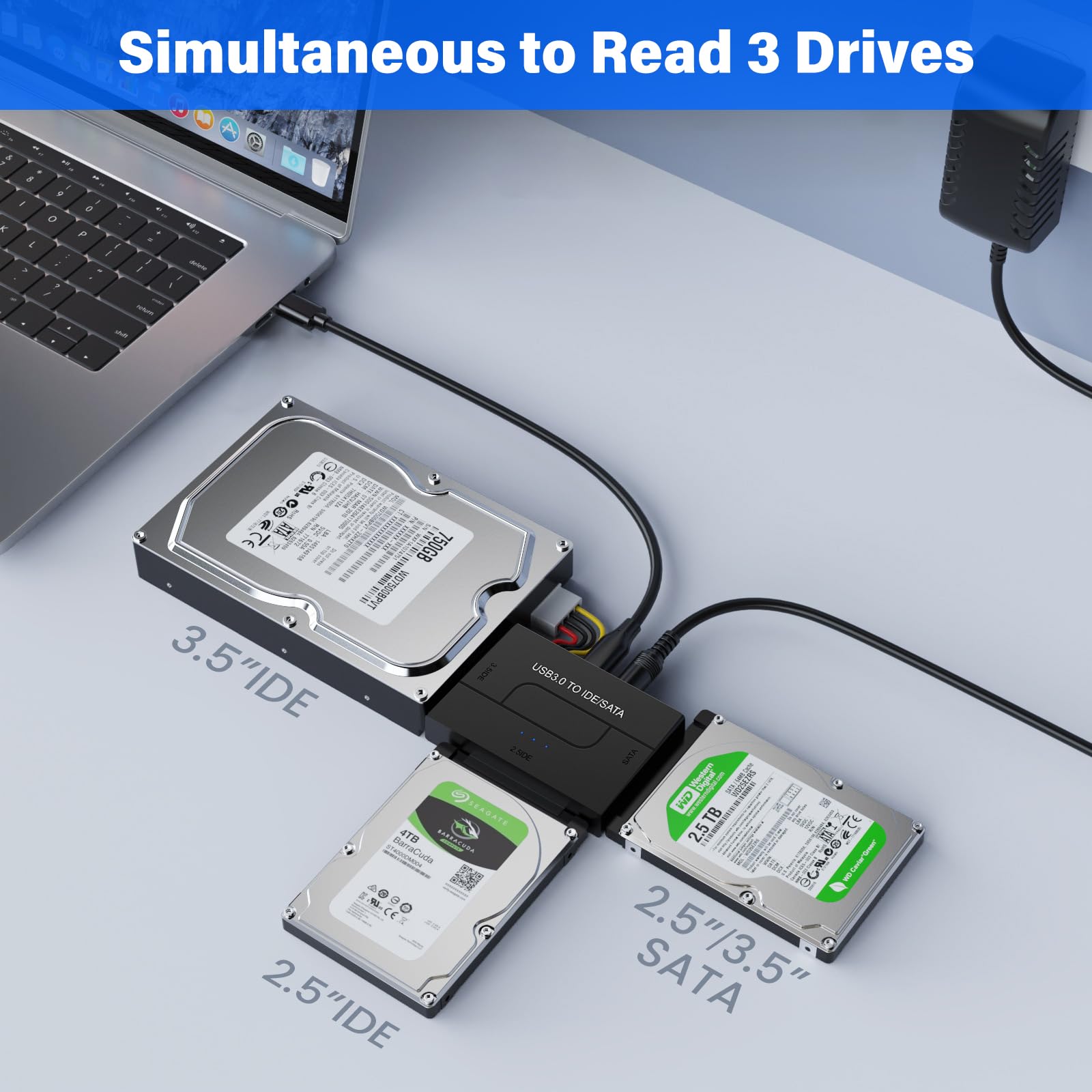 Adattatore USB 3.0 a SATA IDE da USB 3.0 a IDE/SATA per dischi rigidi SATA da 2,5/3,5 pollici, adattatore per disco rigido esterno con cavo USB, cavo SATA e alimentatore da 12 V/2 A