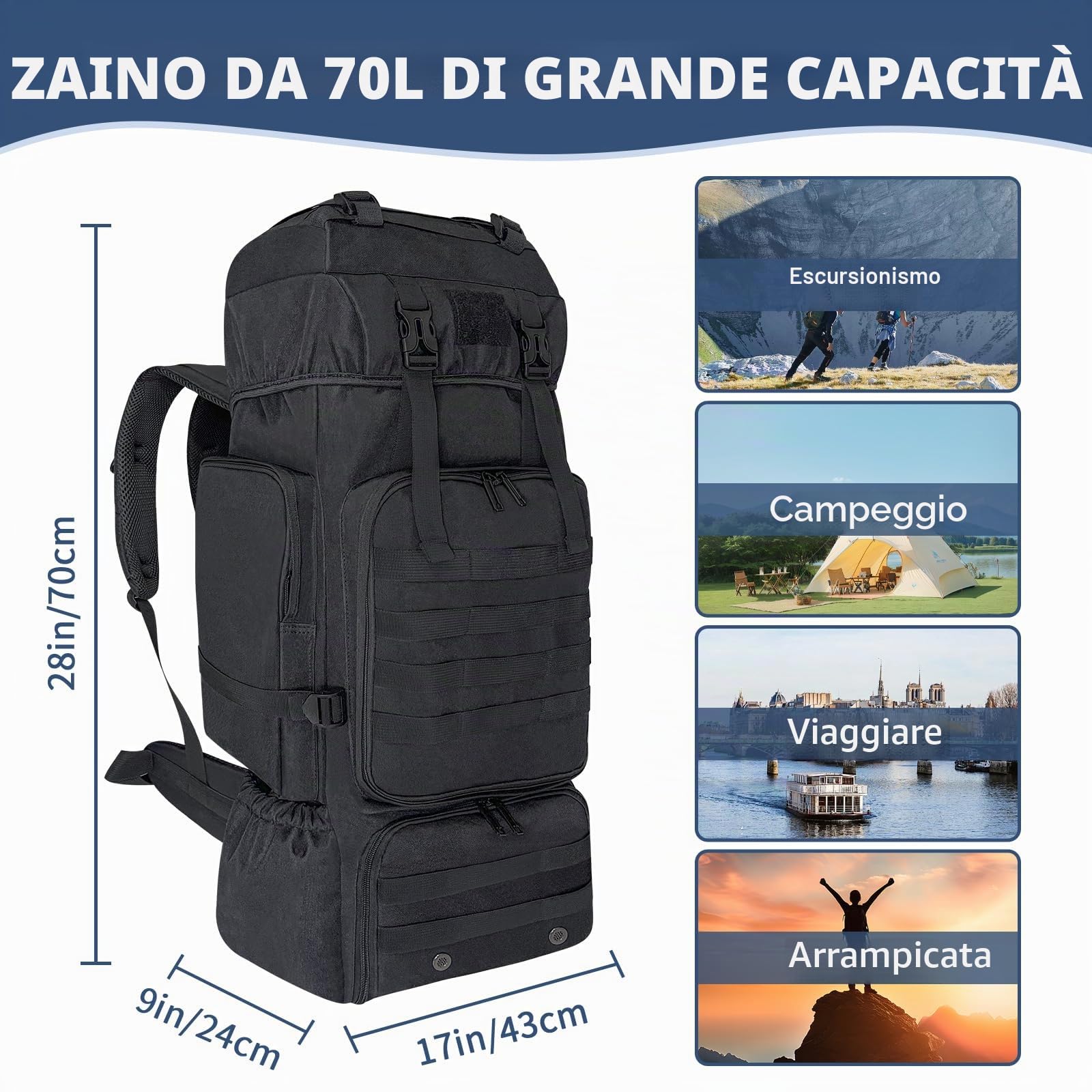 70L Zaino da Trekking per Uomini e Donne, Borsa da Campeggio con Scomparto Scarpe, Grande Zaino Militare Tattico, Zaino Tattico MOLLE per Escursionismo, Viaggio e Sport (Nero)