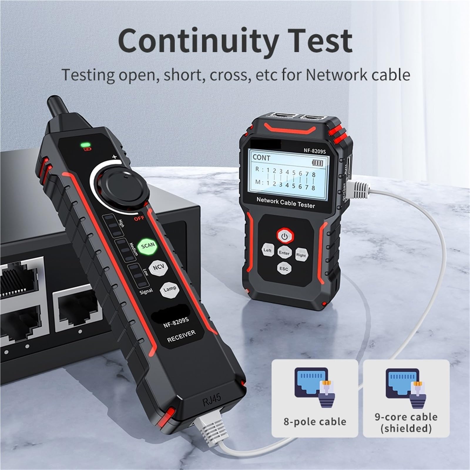 Probador de cables de red, Rastreador de cables, comprobador red, pantalla LCD, PoE, Cat5, Cat6, medición longitud, mapas cableado, herramientas