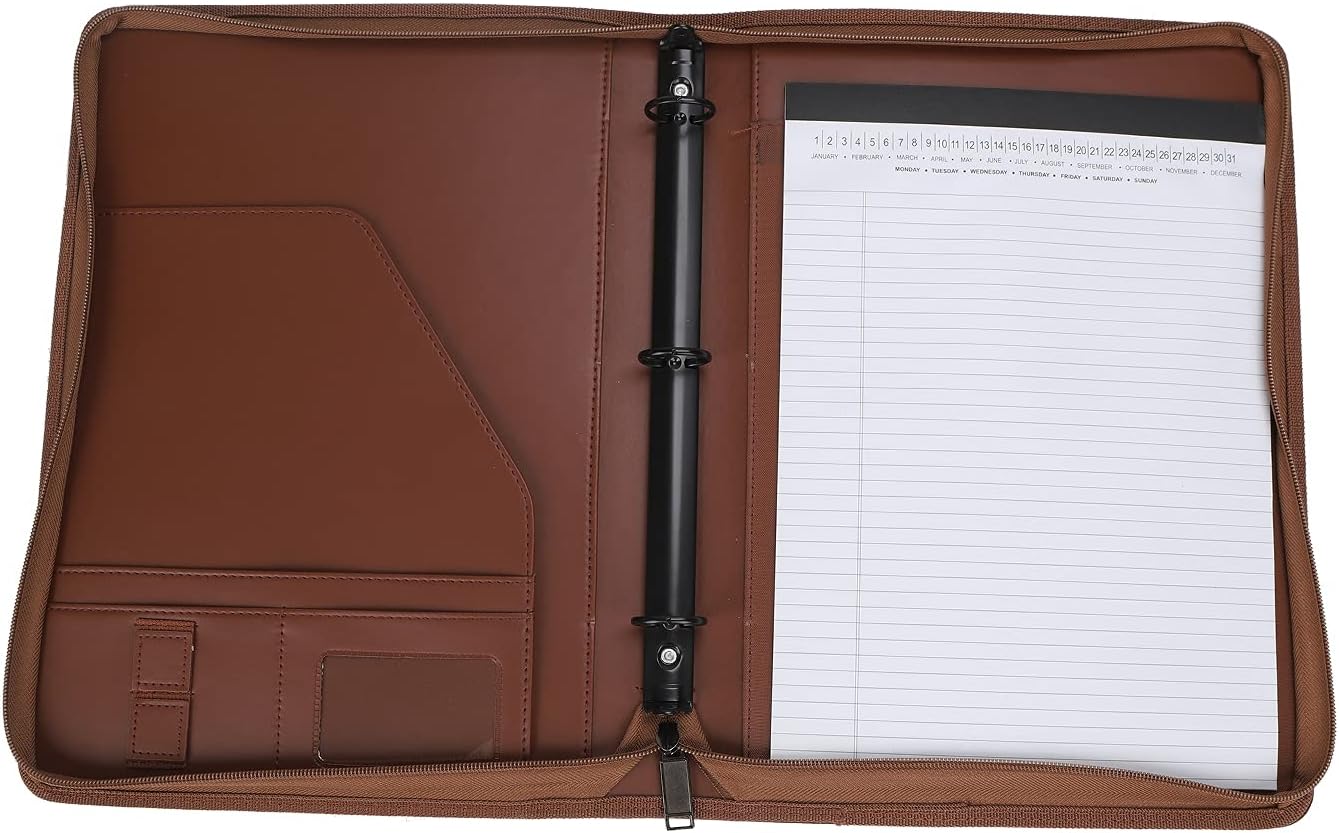 Zippered Portfolio 3 Ring Binder Organizer with Writing Pad Legal Size Letter - PU Leather Padfolio Document Organizer for Interview Business,Brown - Image 5