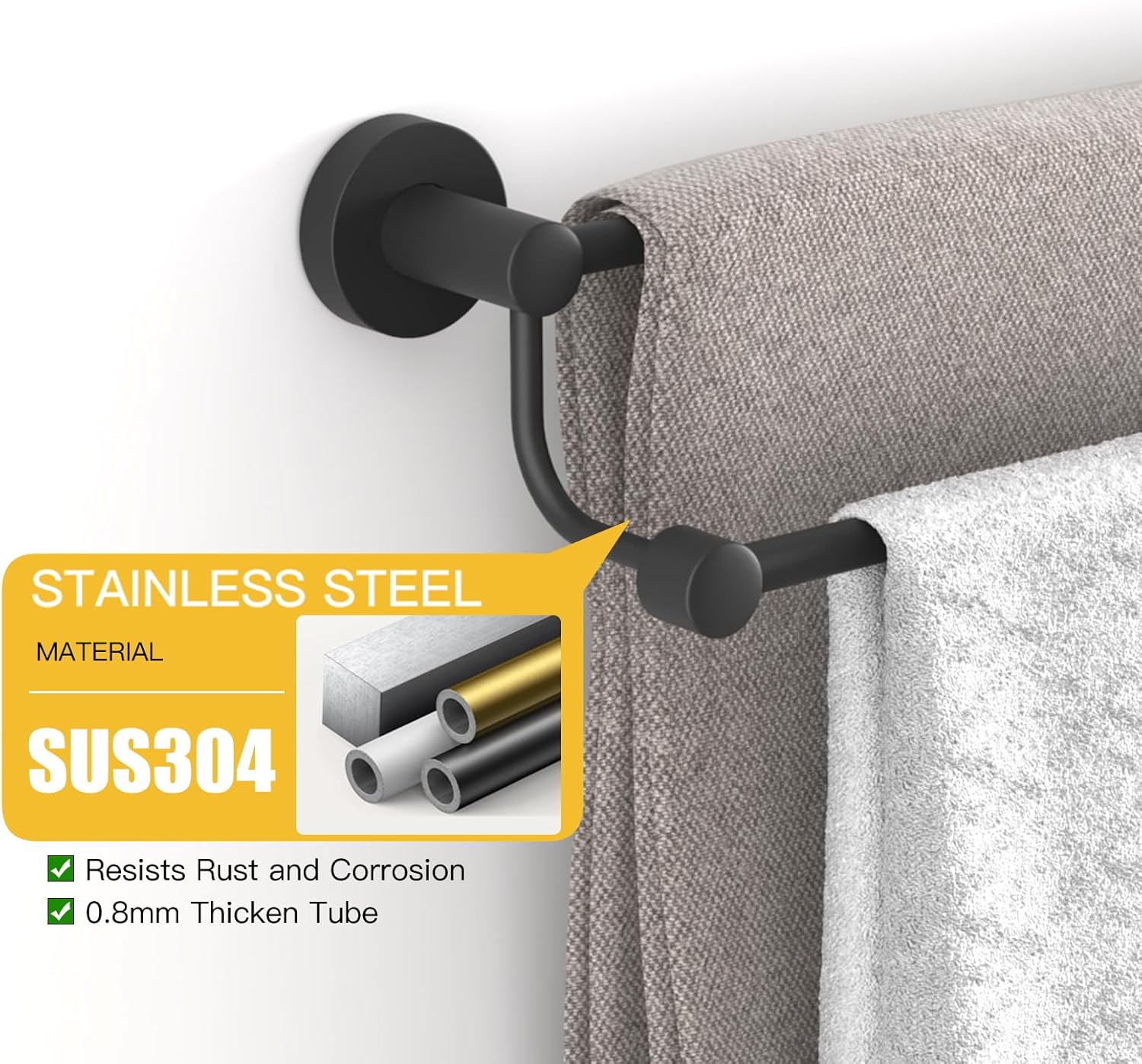BESy Adjustable 16-26 Inches Double Bath Towel Bar for Bathroom SUS304 Stainless Steel Towel Holder Adhesive or Screw Toilet Paper Holder Wall Mount Rustproof Modern Roll Holder Flexible Pivoting