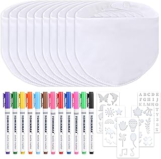 Faburo - Baberos para pintar, 10 unidades, baberos pintados, color blanco, de doble cara, de algodón, con 1 abridor de botellas, 12 lápices textiles de colores para fiesta de bebé