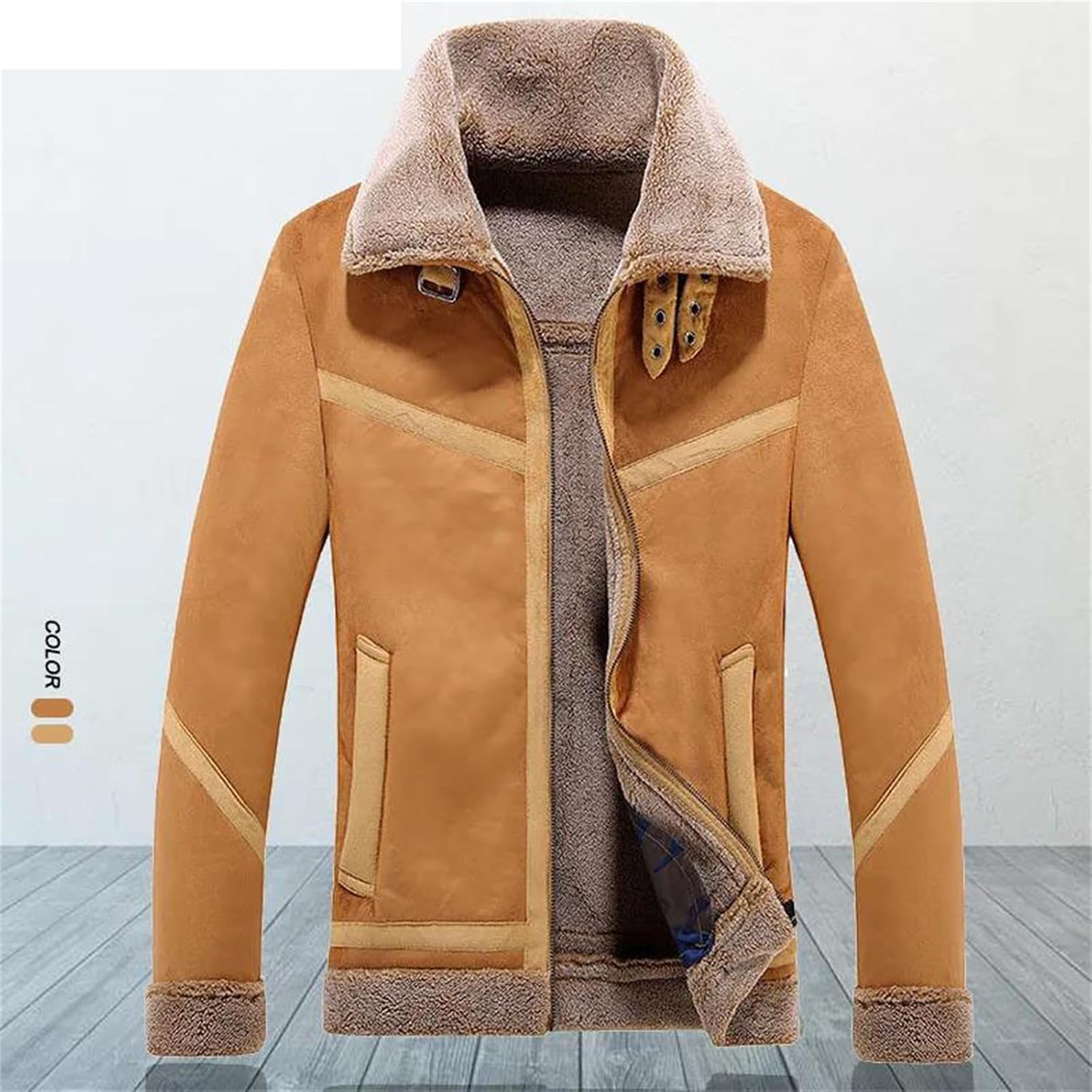 Men's Retro Faux Fur Bomber Leather Jacket Warm LambWool Lined Winter Coat Comfortable Outdoor Cold Weather Wear