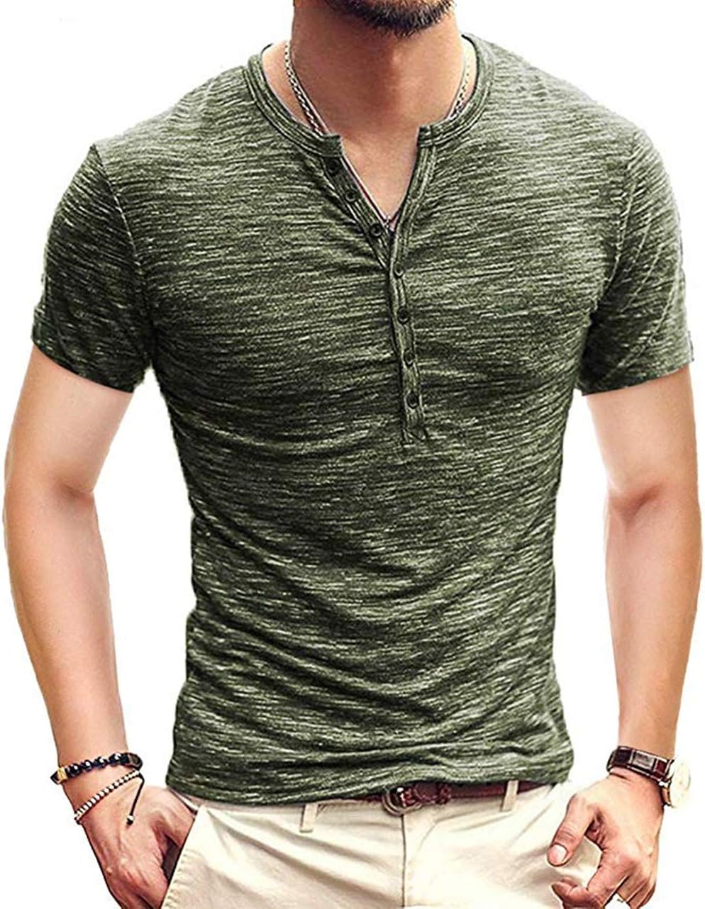MLANM Mens Casual Slim Fit Basic Henley Short/Long Sleeve Fashion T-Shirt