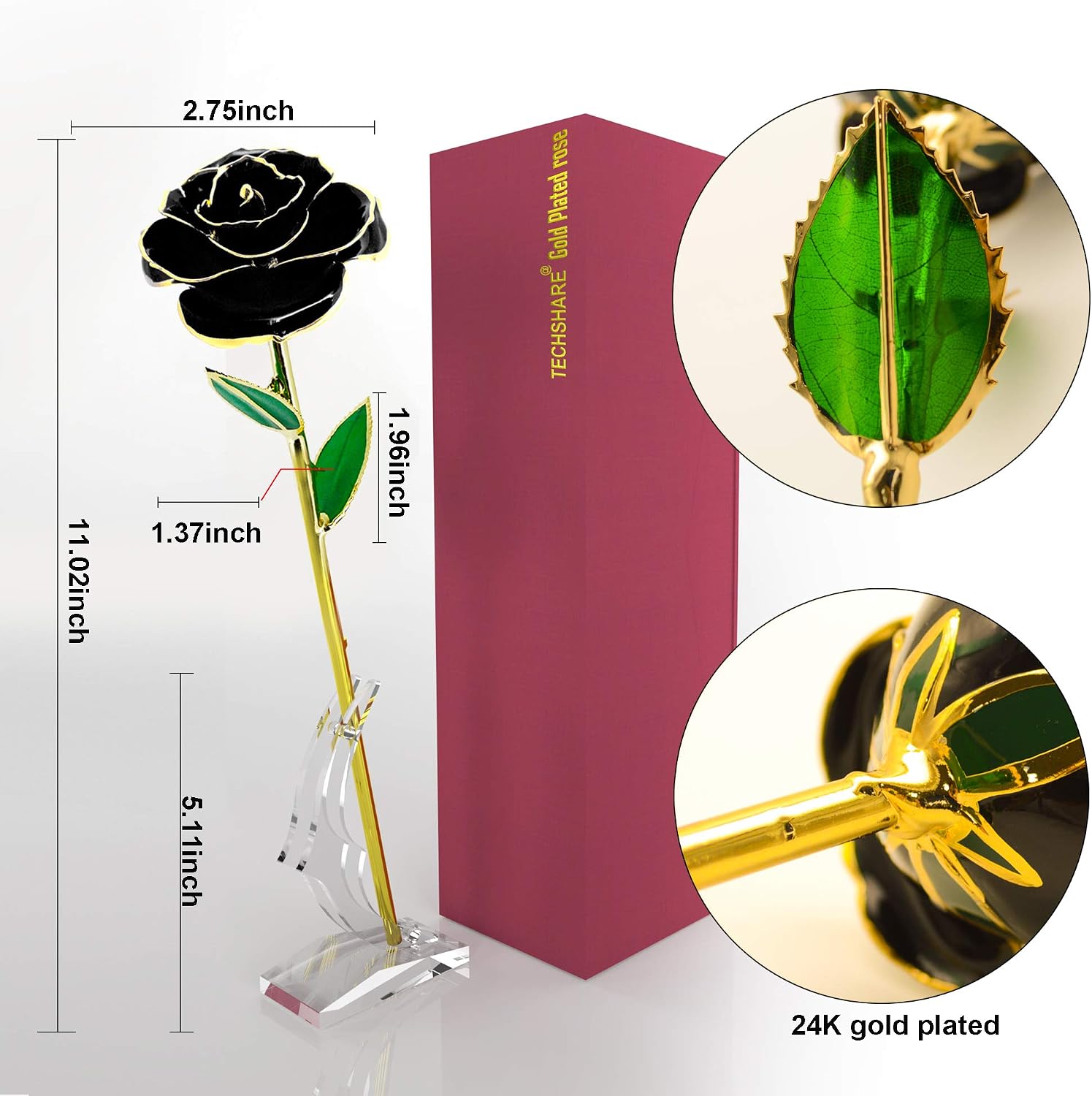 TECHSHARE 24K Gold Dipped Rose, Black Real Rose Forever Special for Her/Mother's Day/Birthday/Valentine's Day/Proposal Wedding - with Acrylic Stand