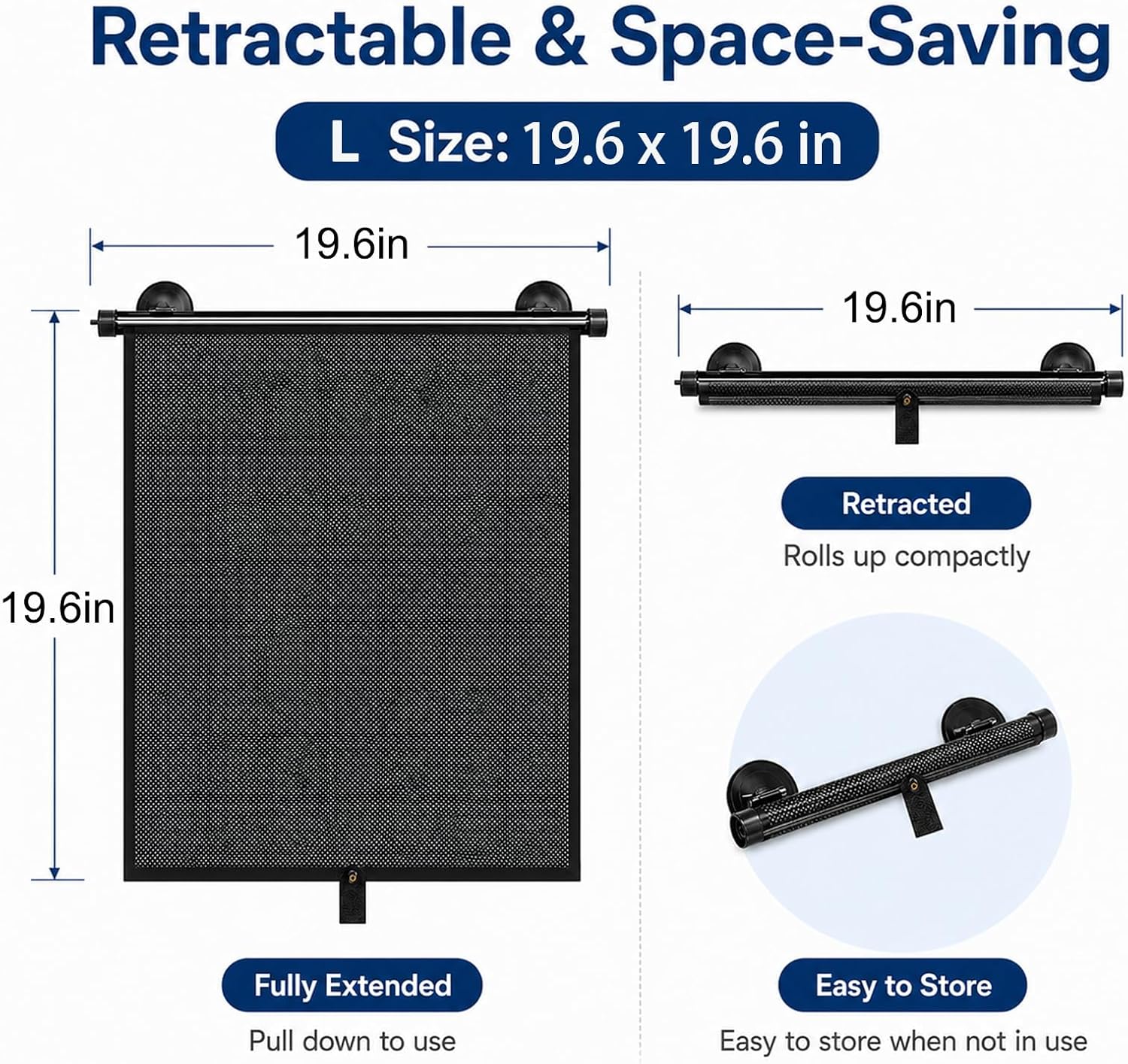2 Pack Retractable Car Shades for Side Windows - Window Sun Shade for Car with Strong Suction Cups | Roller Shades UV Heat Block Sun Shade for Cars House Office Window (L: 19.6"x19.6")