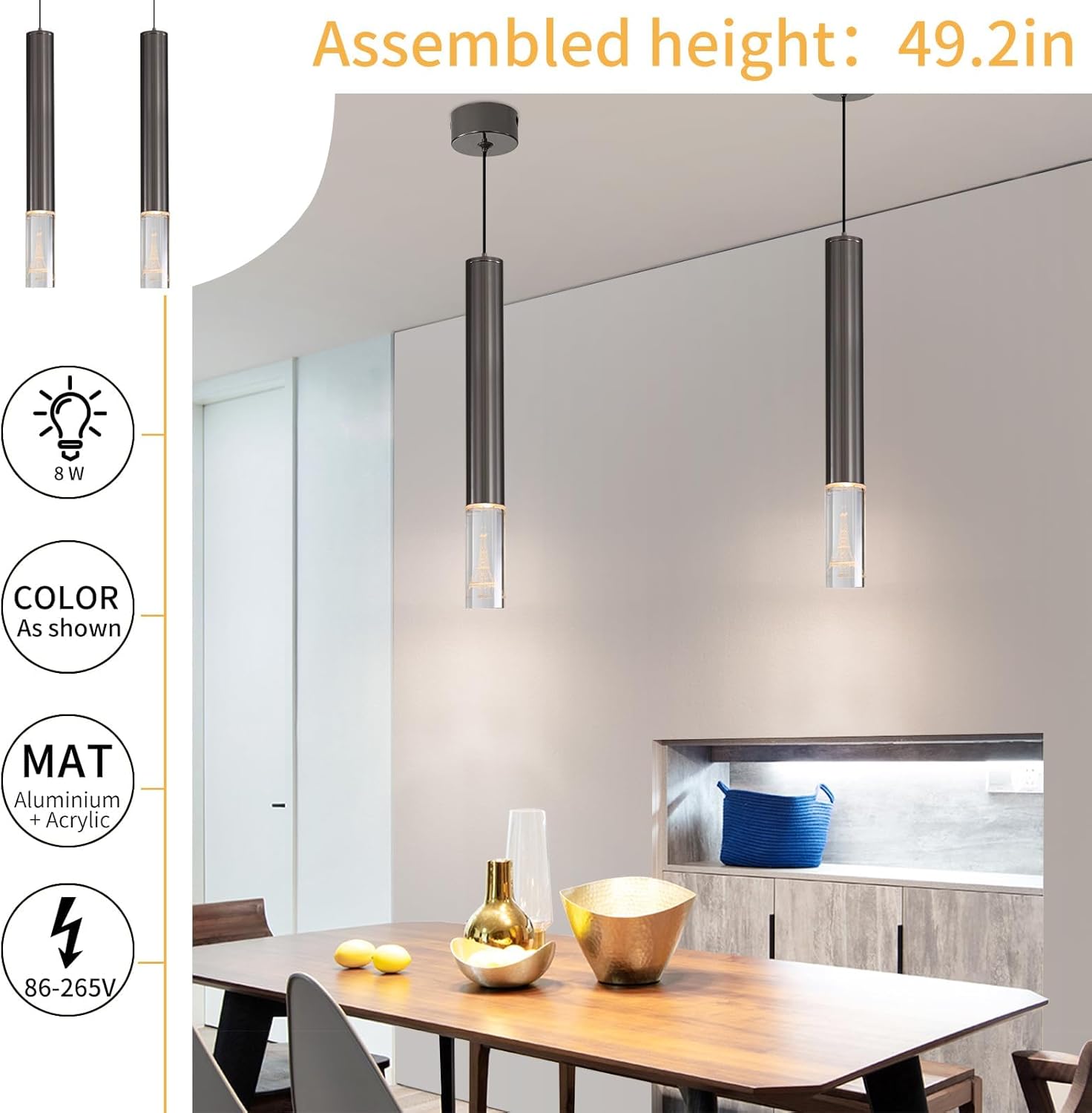 Modern Hanging 3 Color Temperature 3000k/4500k/6500k Kitchen Island Lights, 2 Pack, Cylindrical Acrylic Pendant Lights, Modern 28.5cm LED Pendant Lights