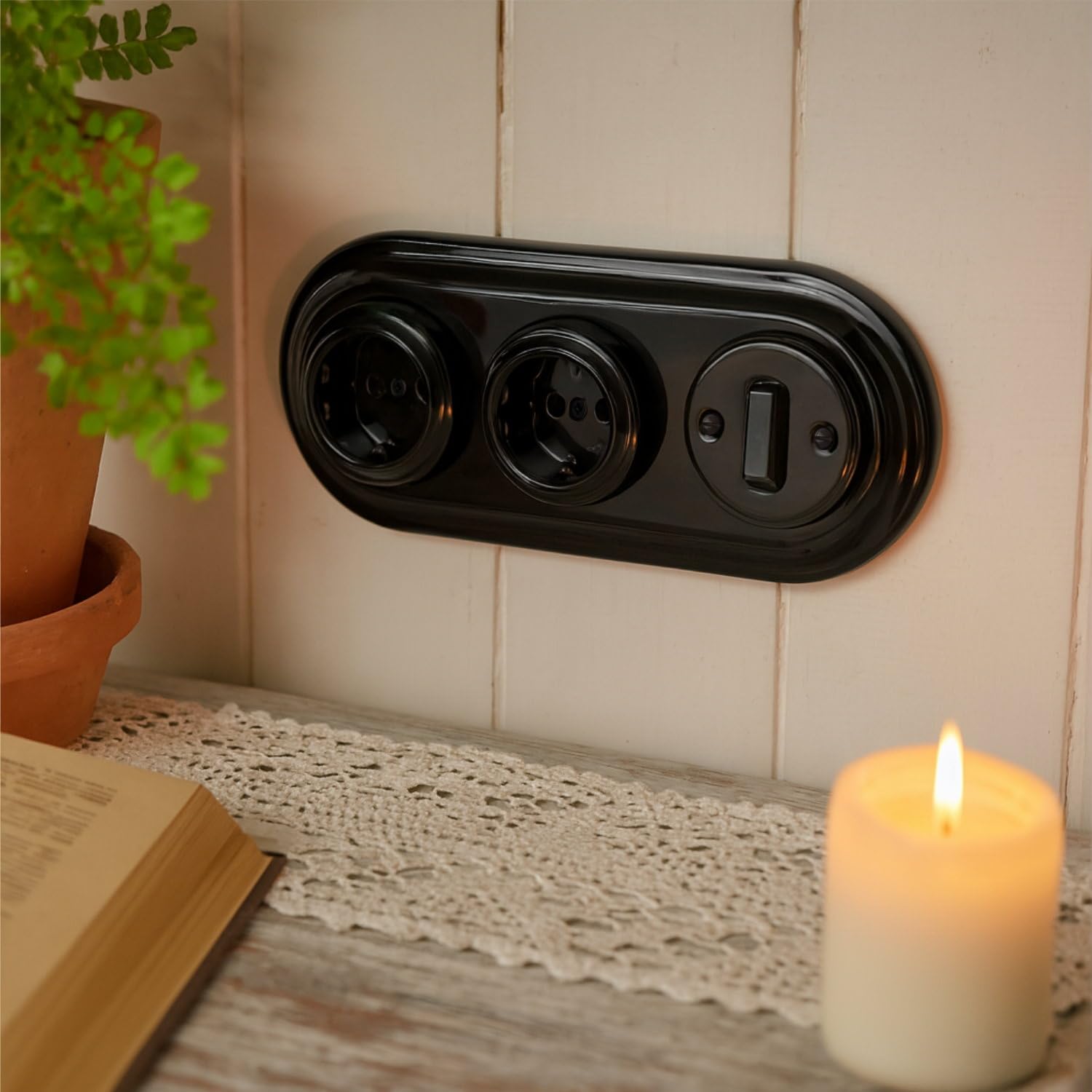 Unterputz Porzellan Retro Steckdose, Schalter, 3-fach, All-in-One, SET Serie PR1 schwarz