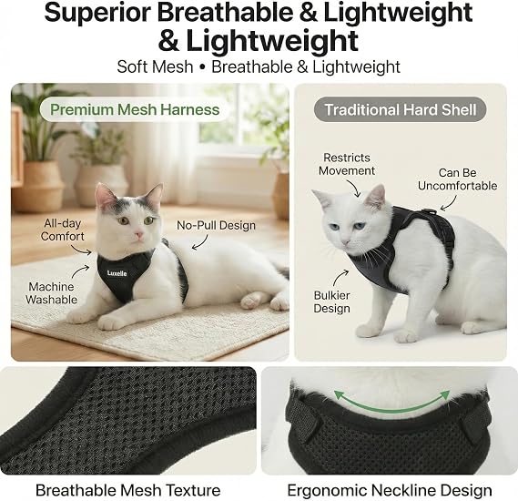 Luxelle Cat harness and leash, leak-proof, soft, adjustable, no pulling, easy to use buckle, reflective straps, breathable mesh, travel bag, pack of 2