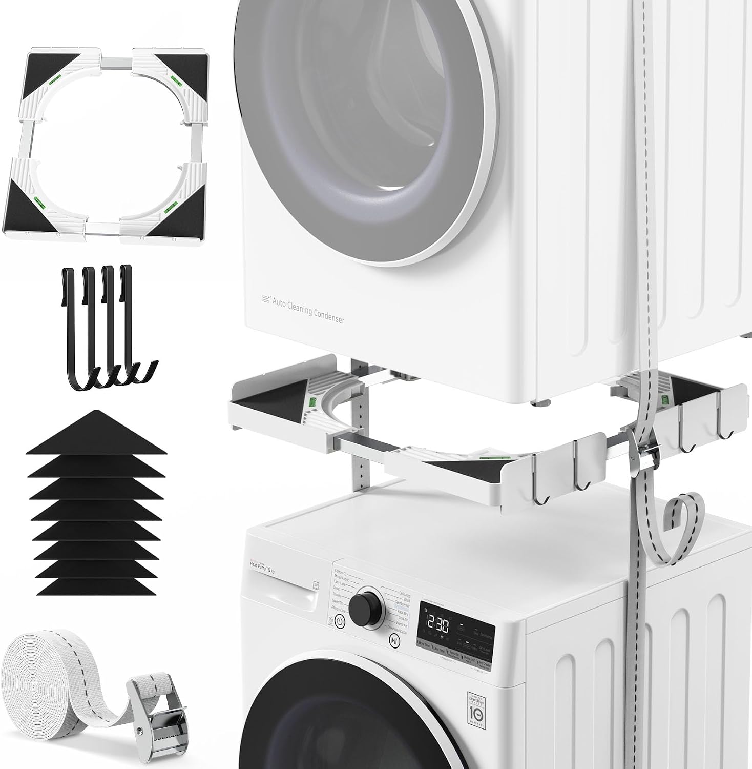 Ultracienki uniwersalny zestaw do układania w stos dla pralki i suszarki, regulacja głębokości 45-68 cm, czarna linka z mechanizmem zapadkowym + 4 haczyki, bezpieczeństwo certyfikowane przez TÜV