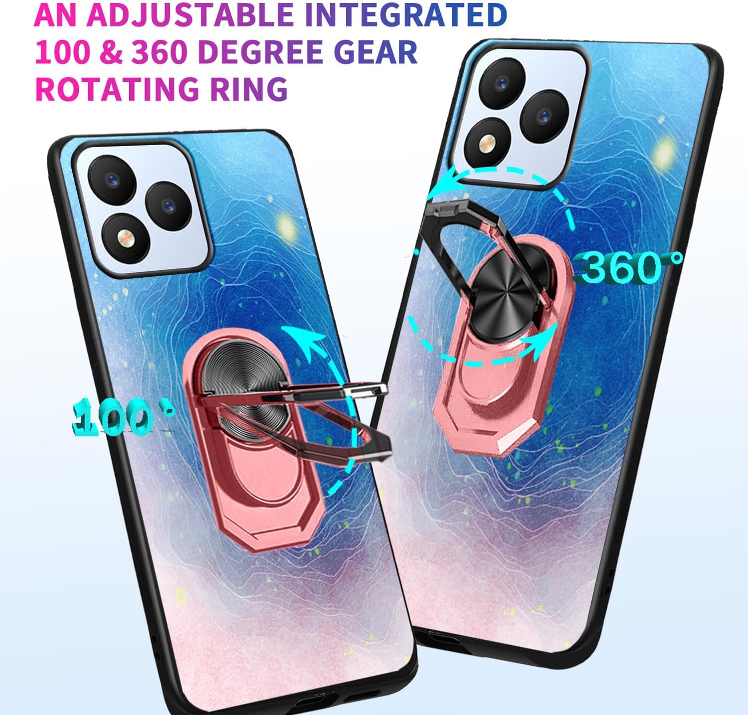 for Vortex J24 Case Tempered Glass Screen Protector+360° Rotatable Ring Holder Kickstand, [Blue-Pink Gradient Starry Sky Art Design] Slim Fit TPU Vortex J24 Phone Cover | Magnetic Car Holder - Image 5