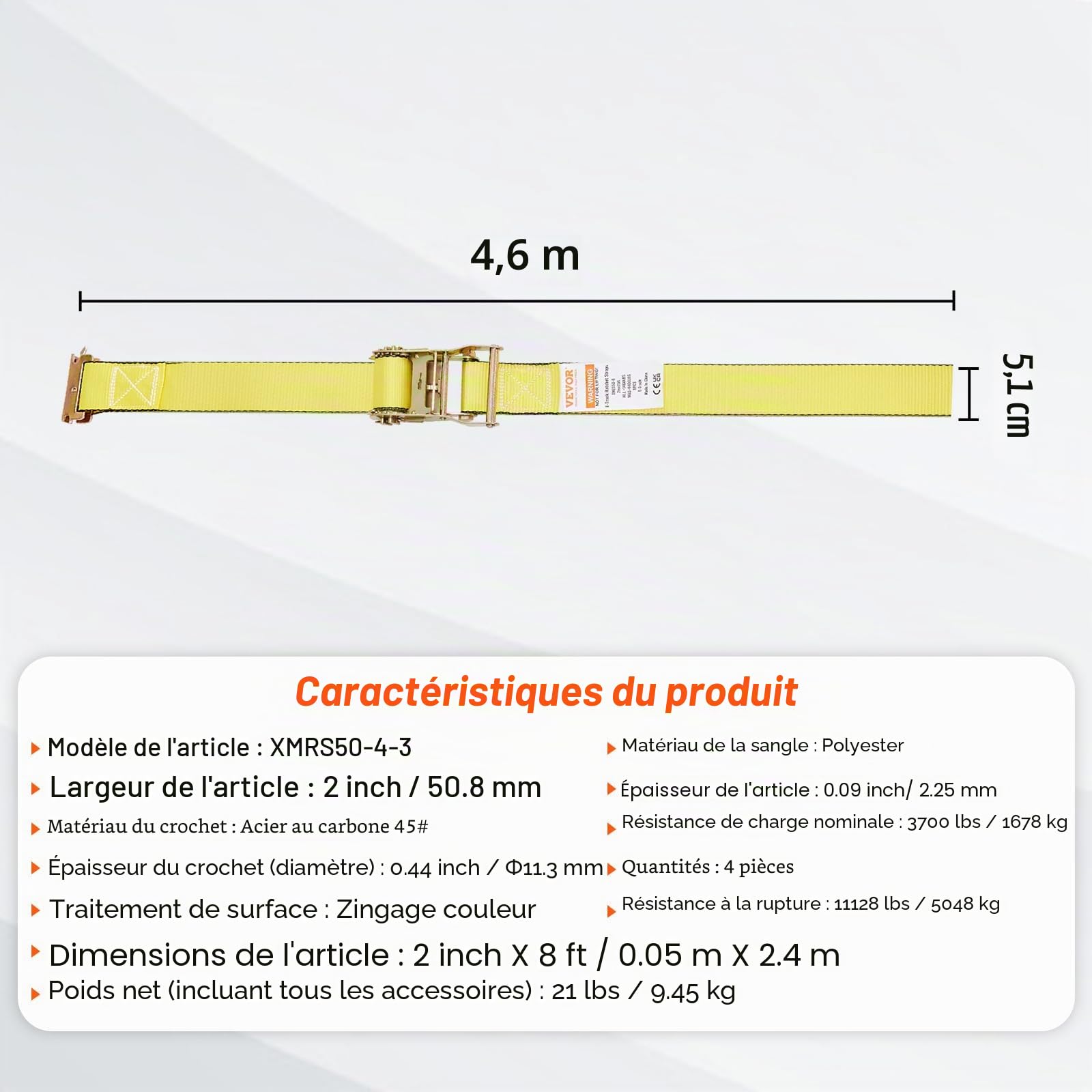 VEVOR Sangle à Cliquet Sans Fin Lot de 8 Sangles d'Arrimage E Résistance à la Rupture Maximale 1995,8 kg 0,05x4,6 m pour Sécuriser Cargaisons, Électroménagers, Équipement de Jardin, Moto, Déménagement