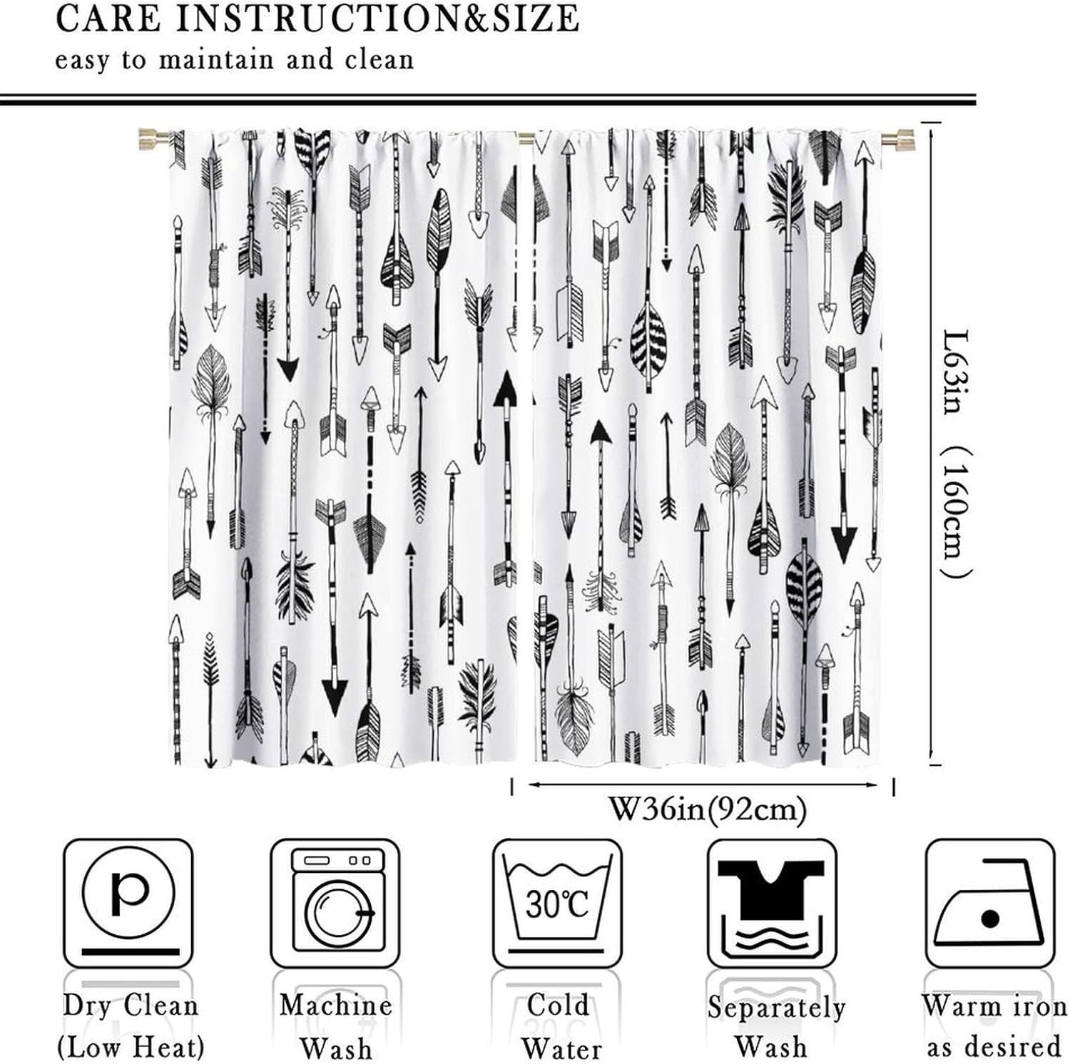 Vintage Black & White Arrow Curtains - Rustic Native American Western Farmhouse Arrow Print Thermal Insulated Blackout Curtains - Rod Pocket Window Treatment Drapes for Bedroom 2 Panels 63L x 36W