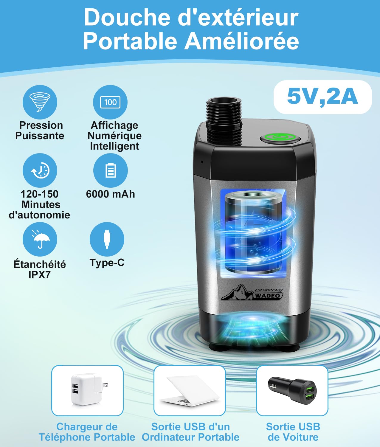 Douche De Camping Rechargeable 2400Mah Usb Douche De Camping Puissante, Étanche Et Rechargeable