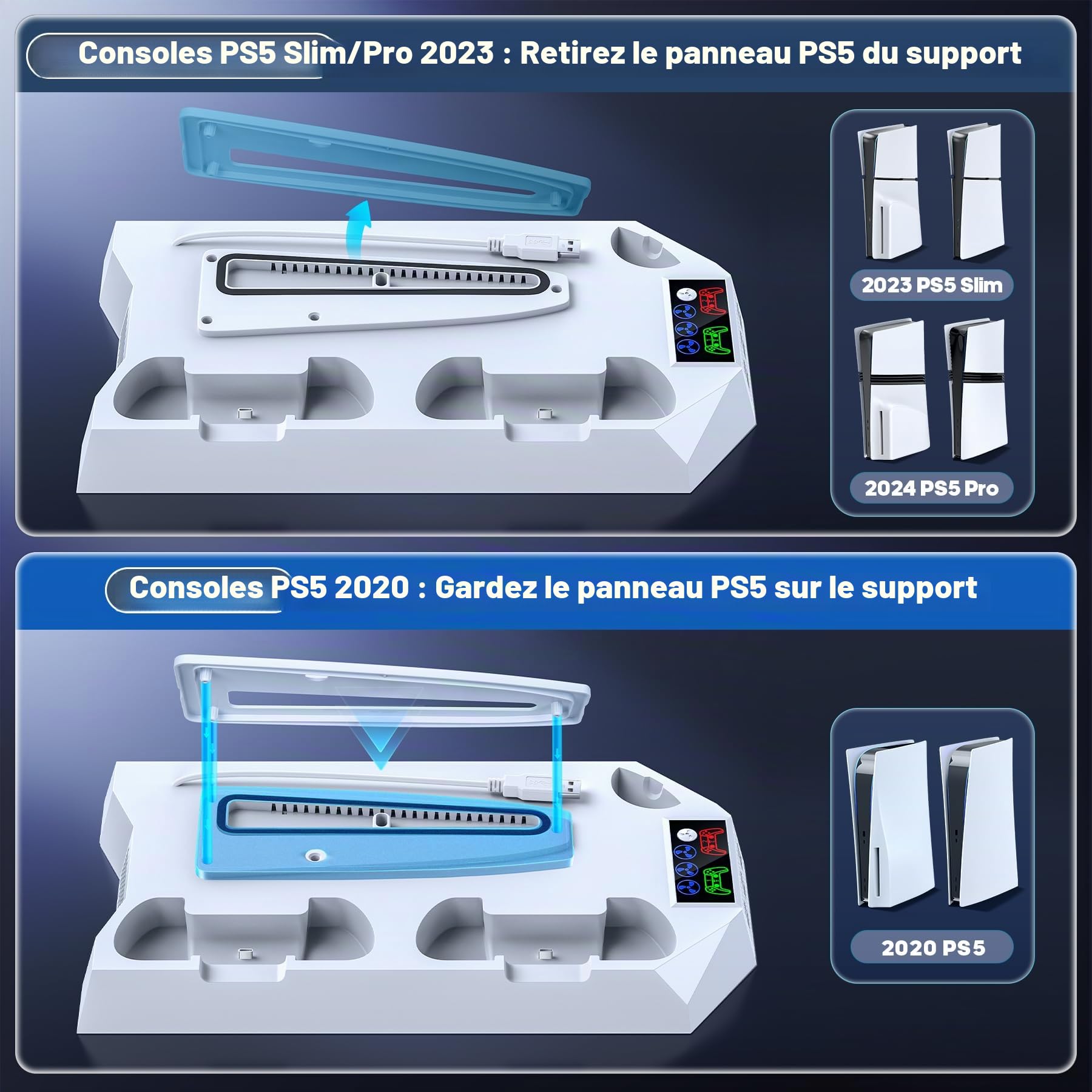 Tokluck Support PS5 pour PS5/PS5 Slim/PS5 Pro, Station de Refroidissement avec Charge à Double Manettes, Ventilateur de Refroidissement à 3 Vitesses avec Casque et 3 Ports USB