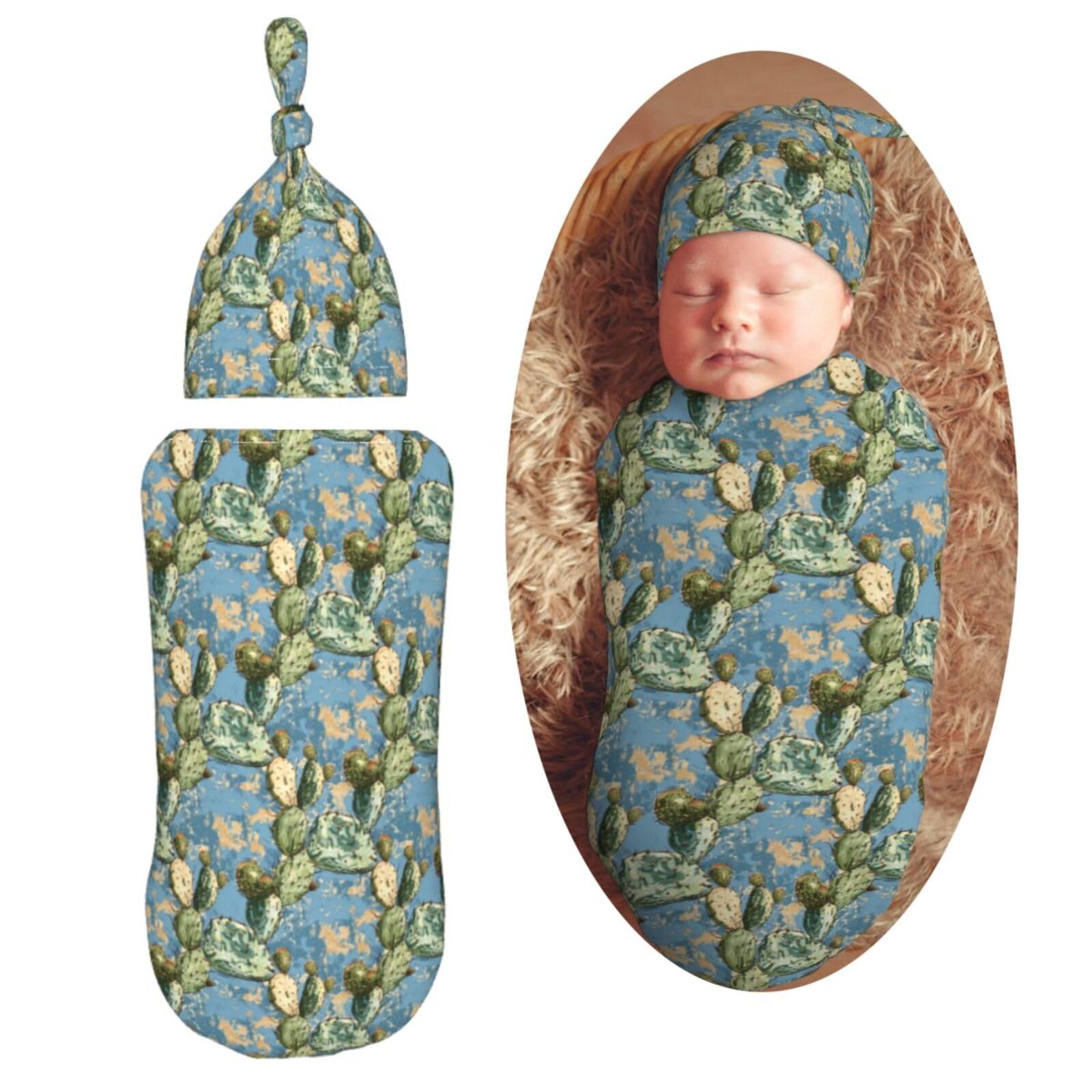 Vintage Cactus Newborn Swaddle Blankets Hat Sets Soft Baby Receiving Blanket Swaddle Sack for Baby Shower Infant Boy Girl Gift