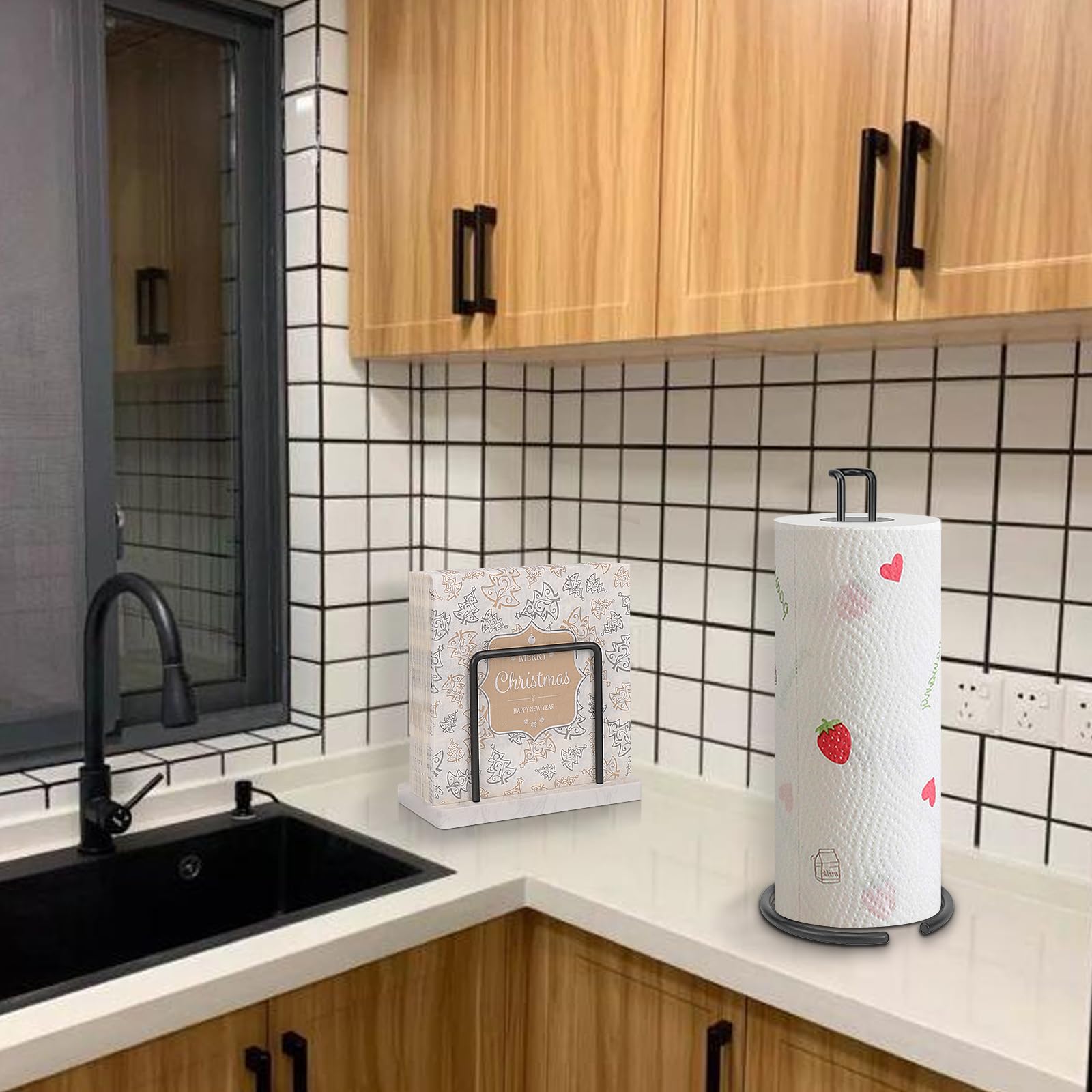 Livabber Juego de 2 servilleteros y toalleros de papel, 2 accesorios de cocina, soporte de metal para pañuelos con base de mármol + dispensador de toallas de papel independiente para mesa de cocina,