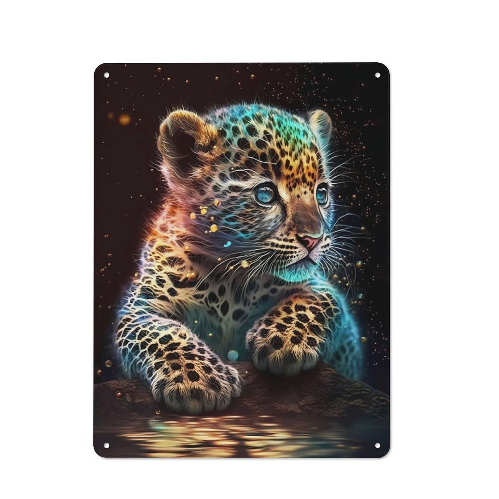 Junmoney Cute Cosmic Baby Leopard Metal Wall Sign 40X30cm Featuring For Garage Wall, For Themed Room Decoration, For Living Room And Hallway Decor