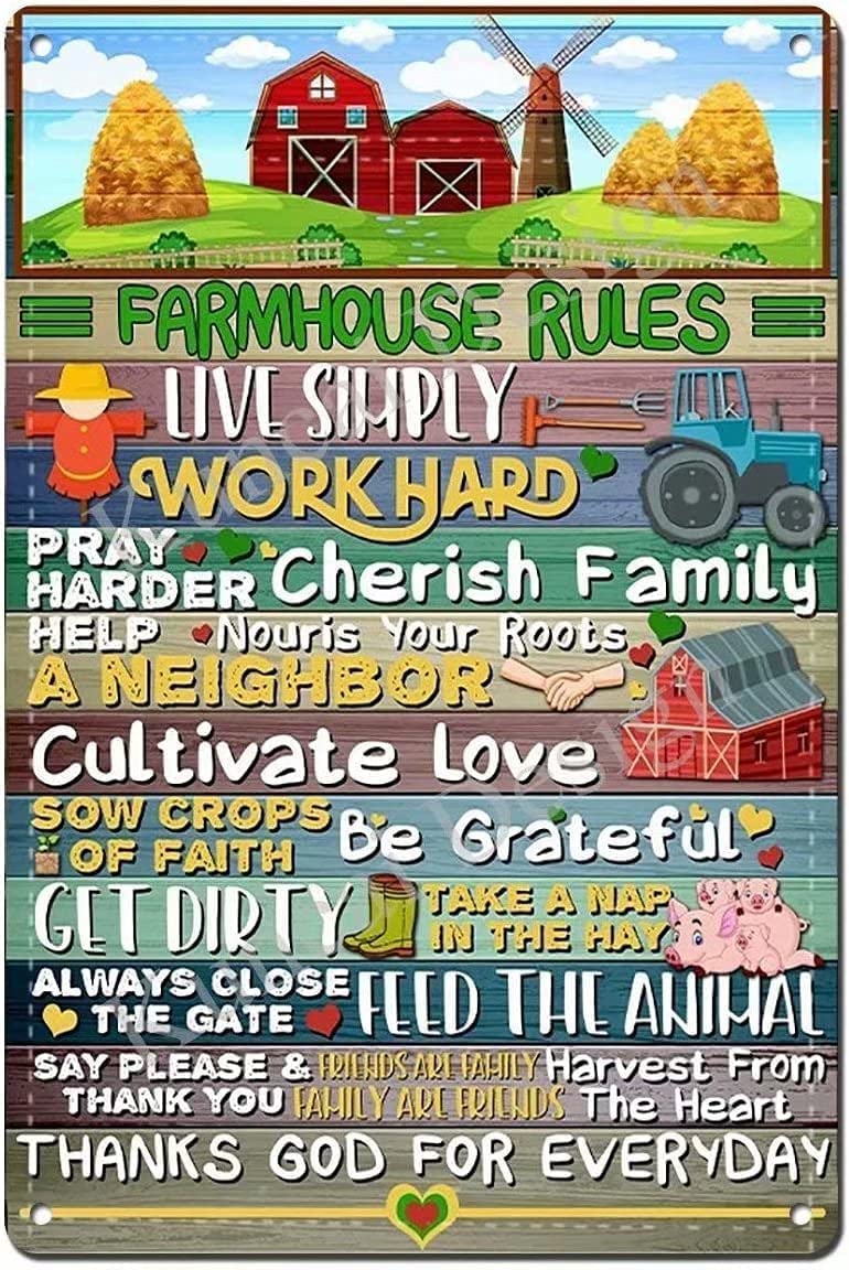 rayprint Funny Metal Tin Sign Vintage Farmhouse Rules Retro Poster Cafe Living Room Farmhouse Kitchen Home Art Wall Decoration Plaque Gift 12x16 Inch