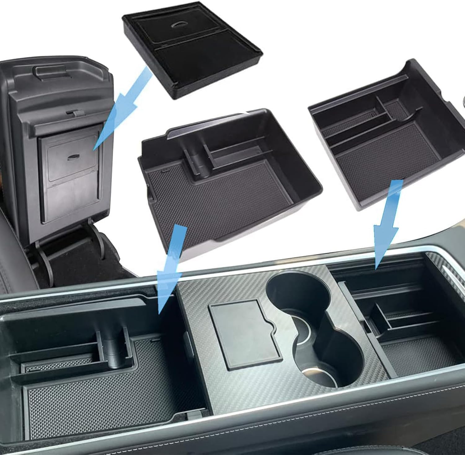 3-PCS Center Console Storage Tray Suitable for 2021 and 2022 Tesla Models 3/Y armrest Hidden Cube Drawer Storage Box with Sunglasses and Coin Rack Interior Accessories Tray (ABS Black)
