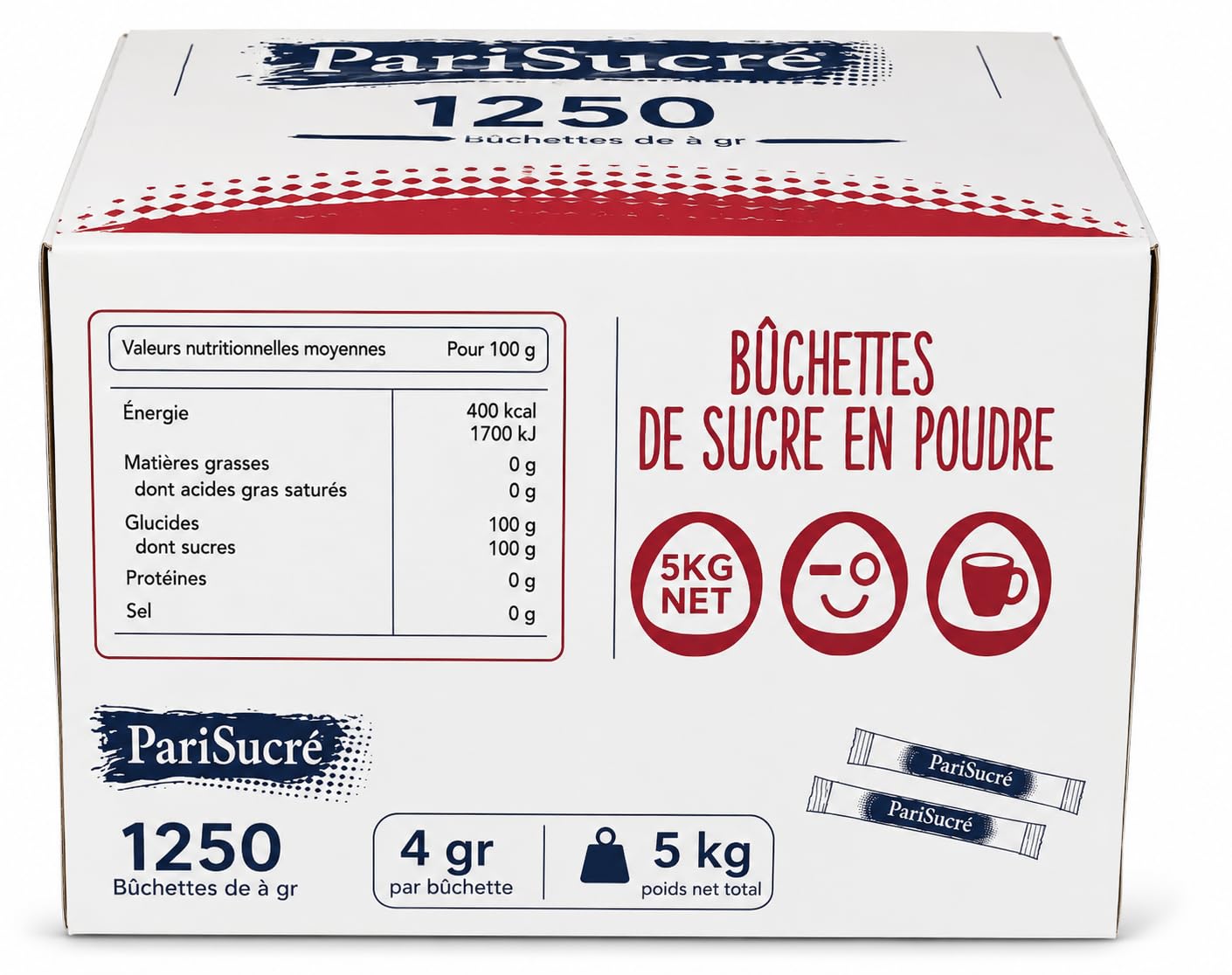 Lot de 1250 Dosette Sucre Bûchettes Individuels de 4g (5kg) avec un lot d'agitateurs en bois - Idéal pour les Boissons Chaudes, Cafés et Thés
