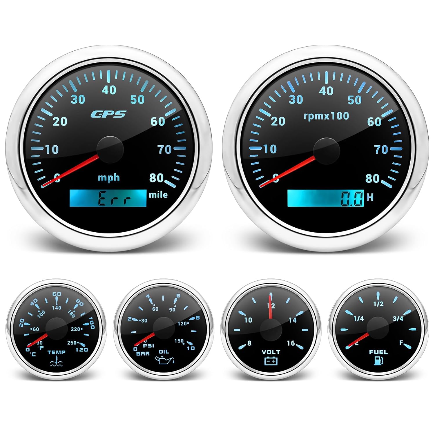 ARTILAURA 6 Gauge Set-GPS Speedometer, Tachometer, Fuel Level, Water Temperature, Oil Pressure, Voltage 7 Color Backlight Boat Gauges Set Marine Car (All Black)