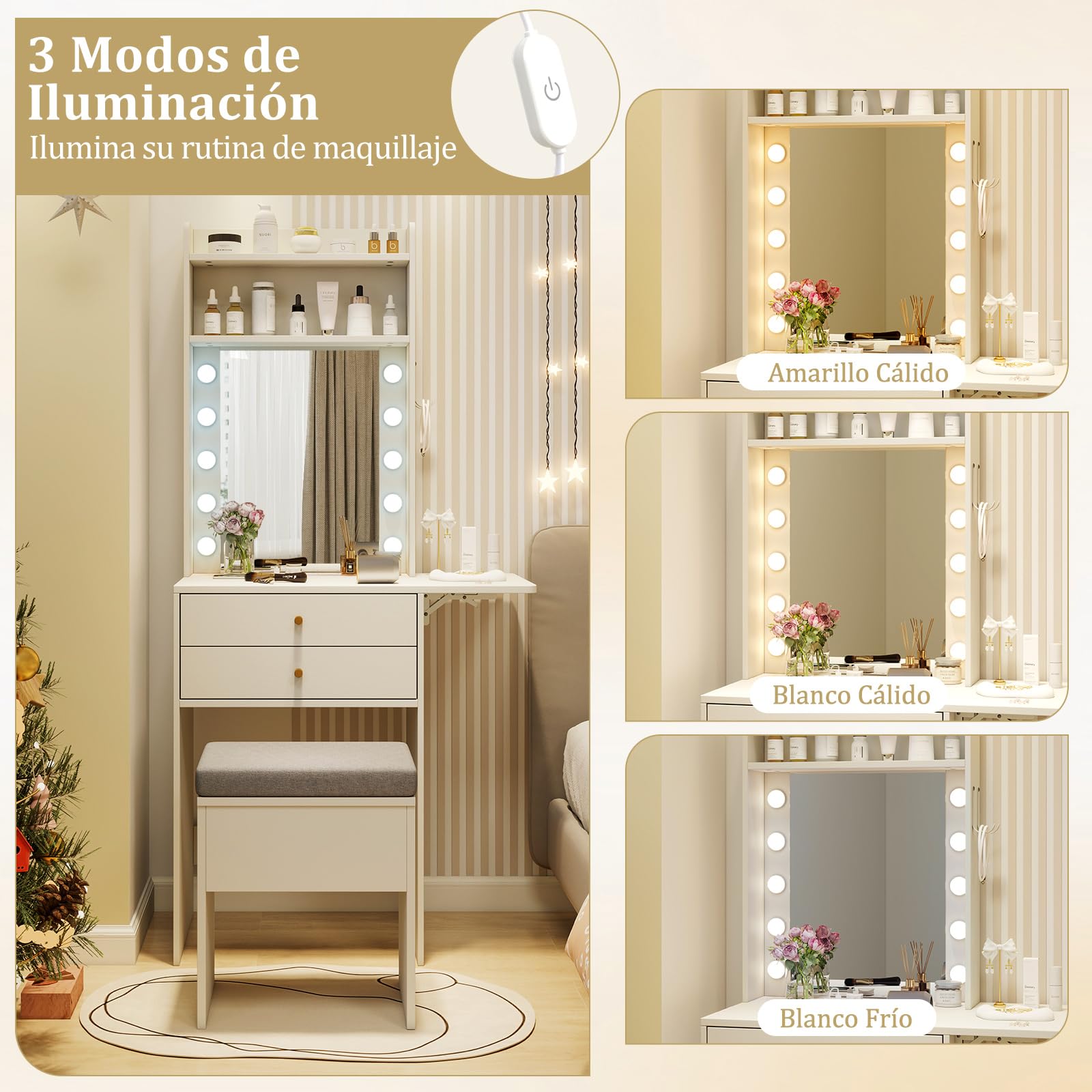 COSTWAY Tocador de Maquillaje con Luz y Espejo, Carga de Estación, Taburete con Almacenamiento, Tocador Pequeño de Panel Plegable con Cajones y Estantes, 72 x 39 x 151 cm, Blanco