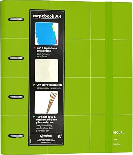 Grafoplás 88102920. Carpeta A4 Anillas, Recambio, Separadores, Sobre Transparente, Verde, Carpebook Unequal Grid