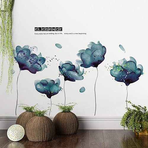 Miniatura 5 de LiveGallery Decoración de pared extraíble para habitación de niños, decoración artística de flores azules, calcomanías de pared florales para