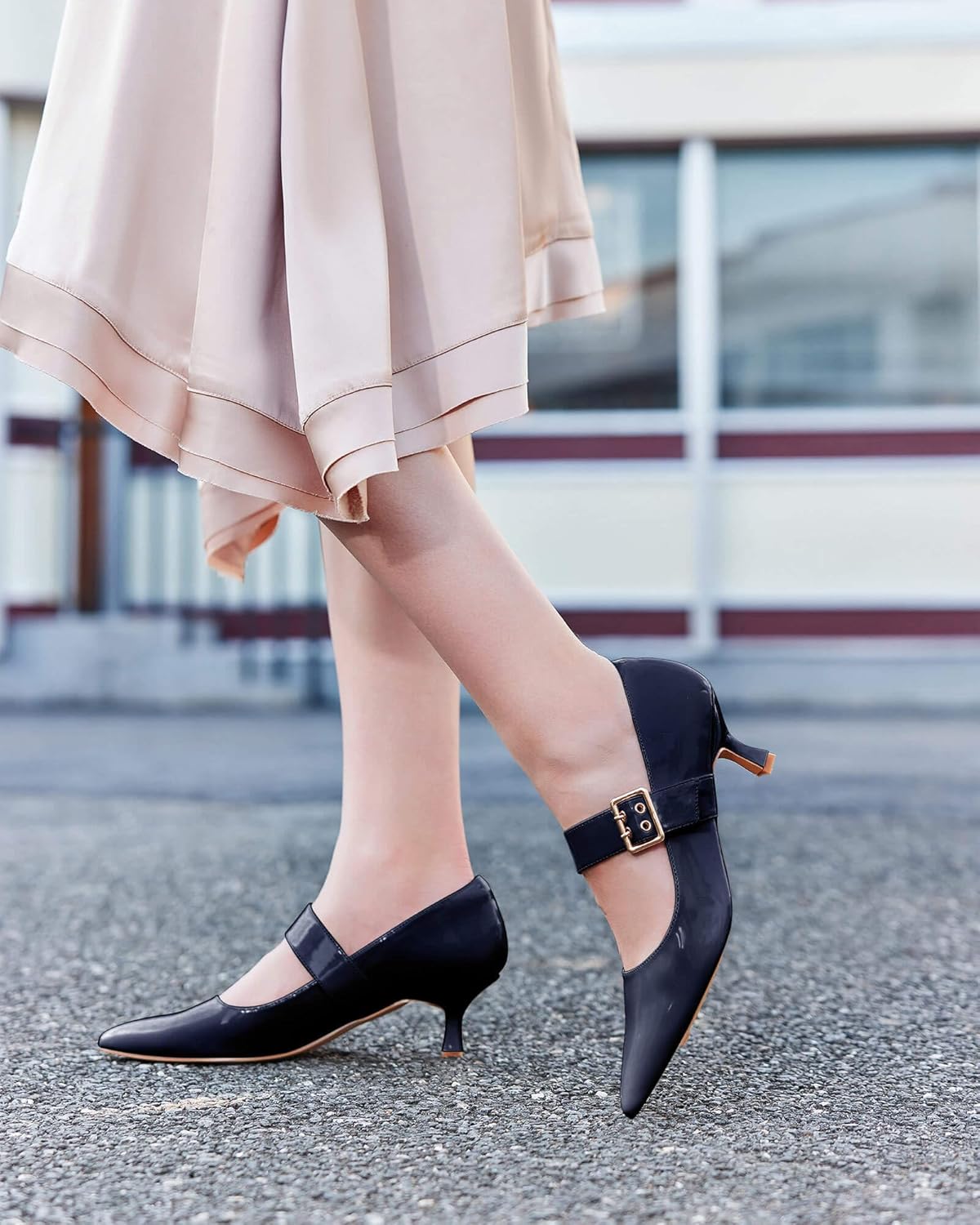 Coutgo Womens Kitten Heels Mary Jane Shoes Closed Pointed Toe Dress Shoes Buckle Work Office Pump Shoes - Image 3