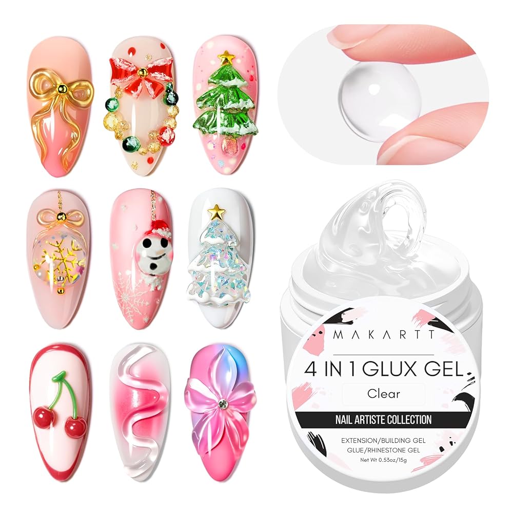 Makartt 3D Gel Nail Art: Clear Solid Builder Nail Gel 4 in 1 Non-sticky for Extension UV Glue for Acrylic Nails Rhinestones 3D sculpting Hard Gels UV/LED Lamp Required 15ml