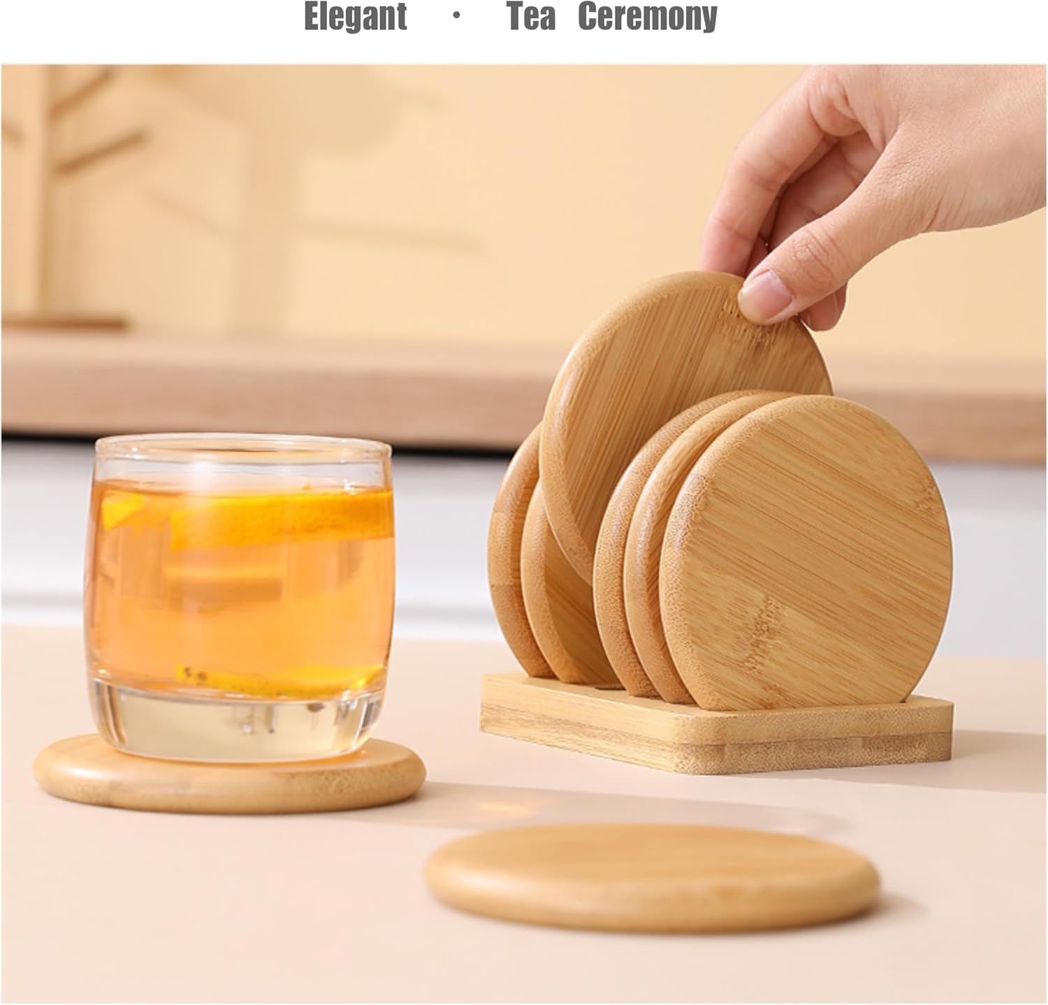 6 pcs Coaster Set Holder Included,Natural Bamboo Coffee Coaster, Beer Coaster, Drink Cup Coasters Set for Tabletop Protection, Suitable for Kinds of Cups Wooden Table Drink, Housewarming Gift - Image 2