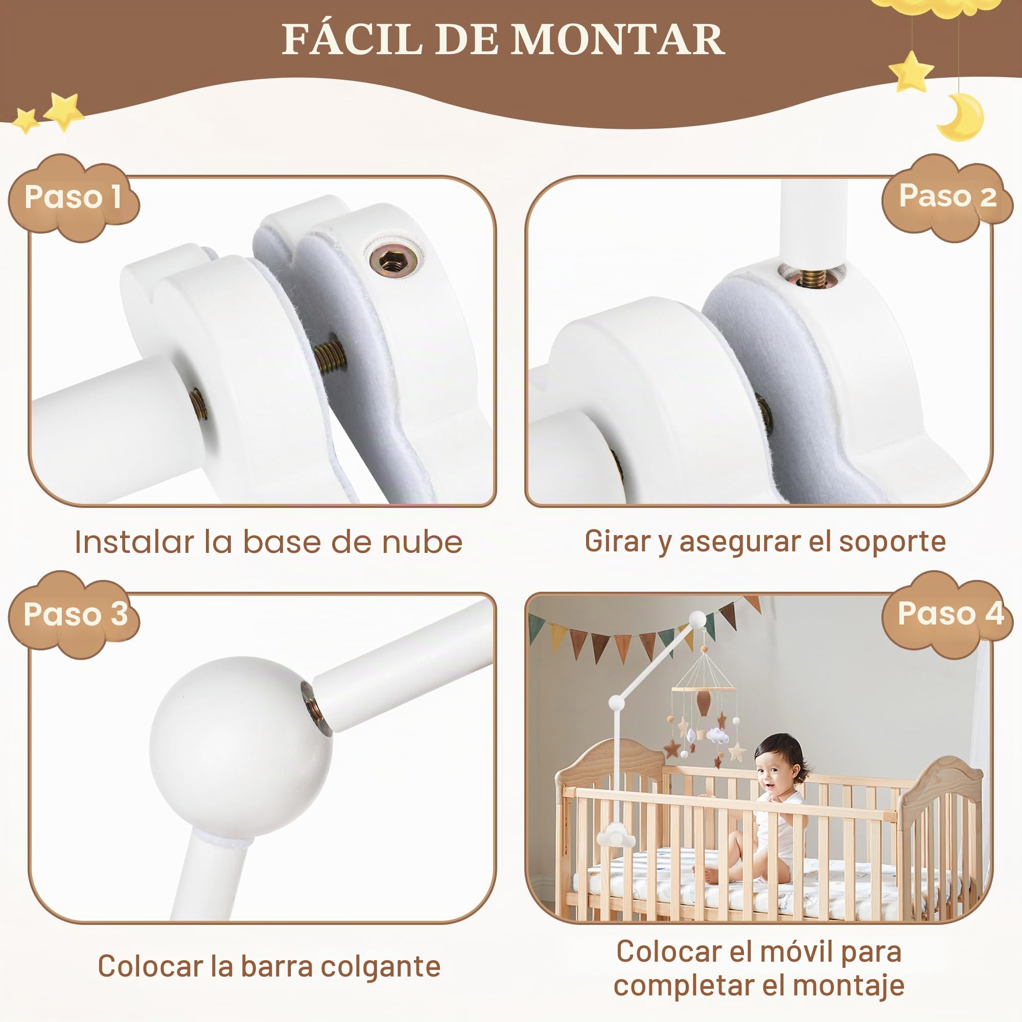 Soporte Móvil para Bebé, Soporte de Móvil Extraíble, Soporte de Madera para Cuna con Forma de Nube, Brazo Móvil de Cuna para Juguetes, Campanas de Viento y Decoración de Habitación, Blanco