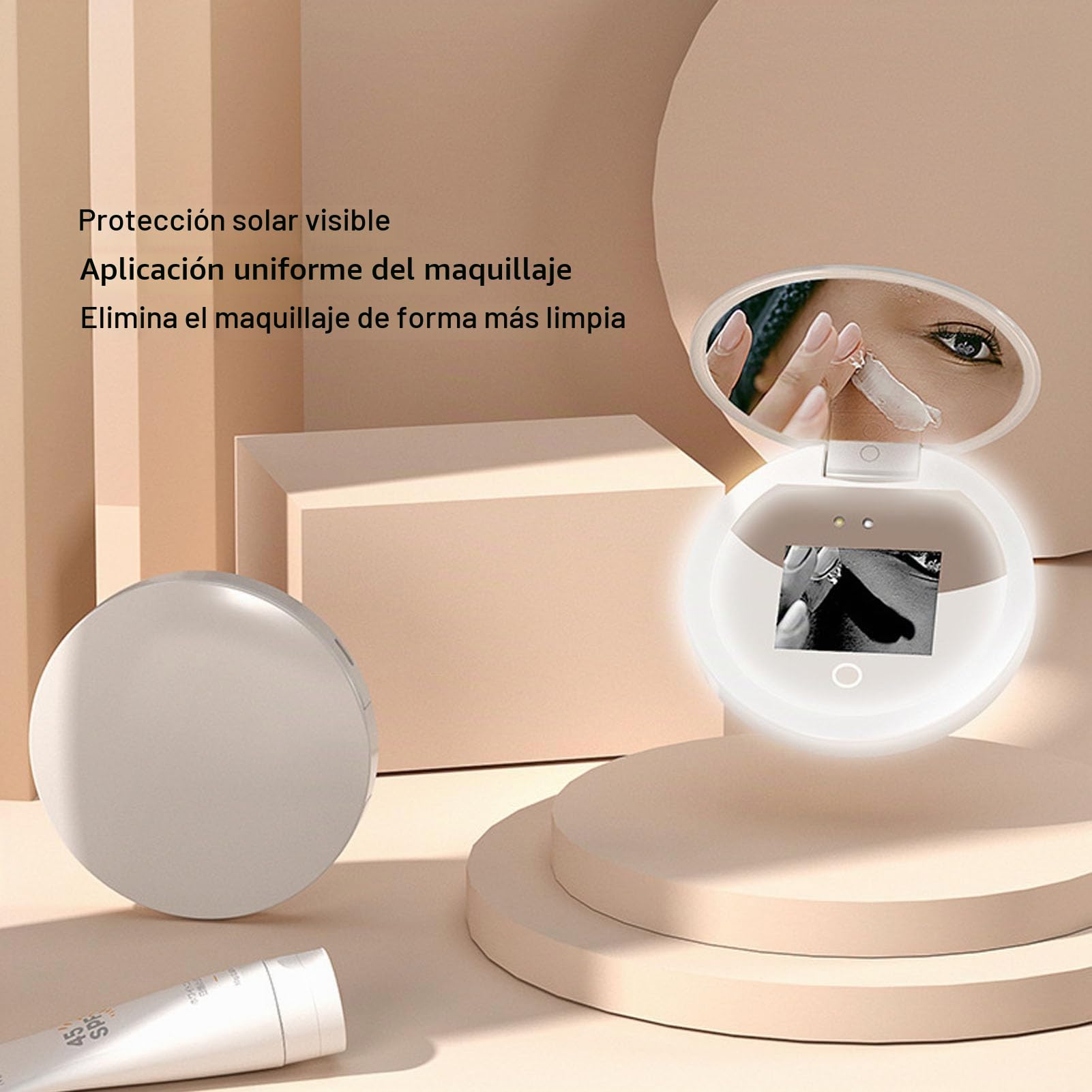 Espejo Cosmético UV para el Cuidado de la Piel con Protector Solar, Espejo de Doble Cara Portátil con Aumento 2X con Cámara UV, Espejo de Viaje Plegable de 3,8 Pulgadas para