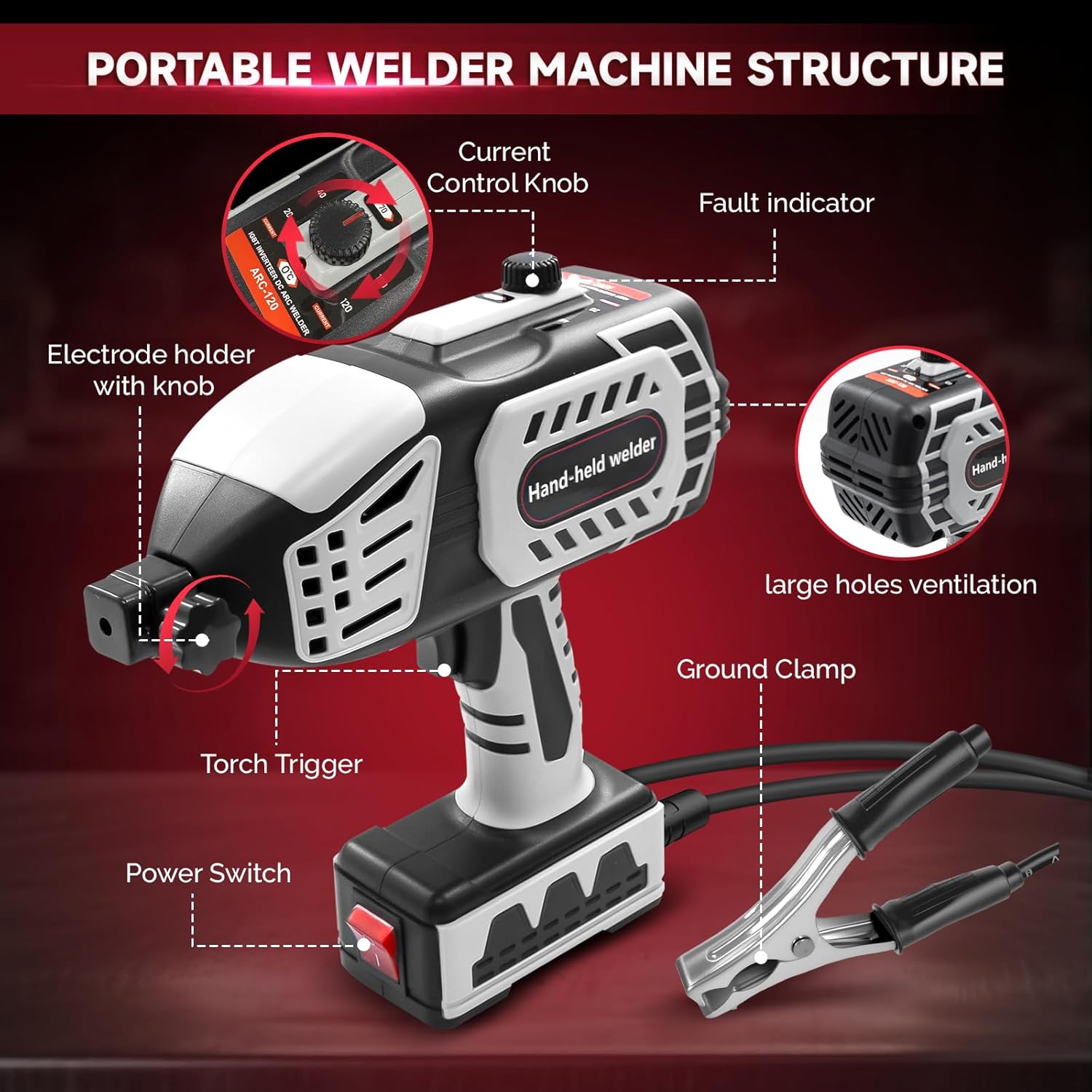Portable Welding Machine Handheld Welder - 110V IGBT Inverter 20-120A Hand Held Welder Gun Soldadora Portatil Fits for 3/32-1/8" Wire Rods Portable Welding Gun Hand Welder Welding Gun for Metal