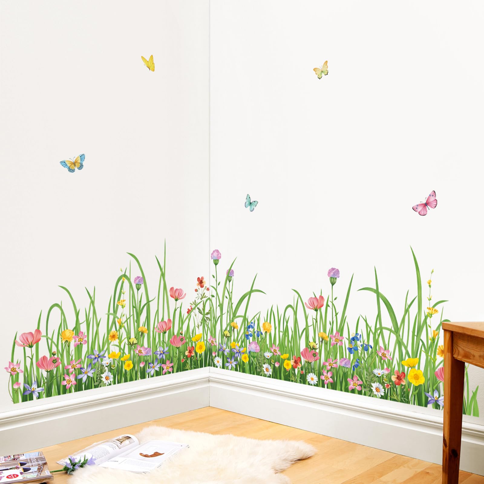 wondever Green Grass Floral Wall Corner Stickers Wildflower Butterflies Baseboard Skirting Line Wall Decals for Living Room Bedroom Dining Room - Image 4