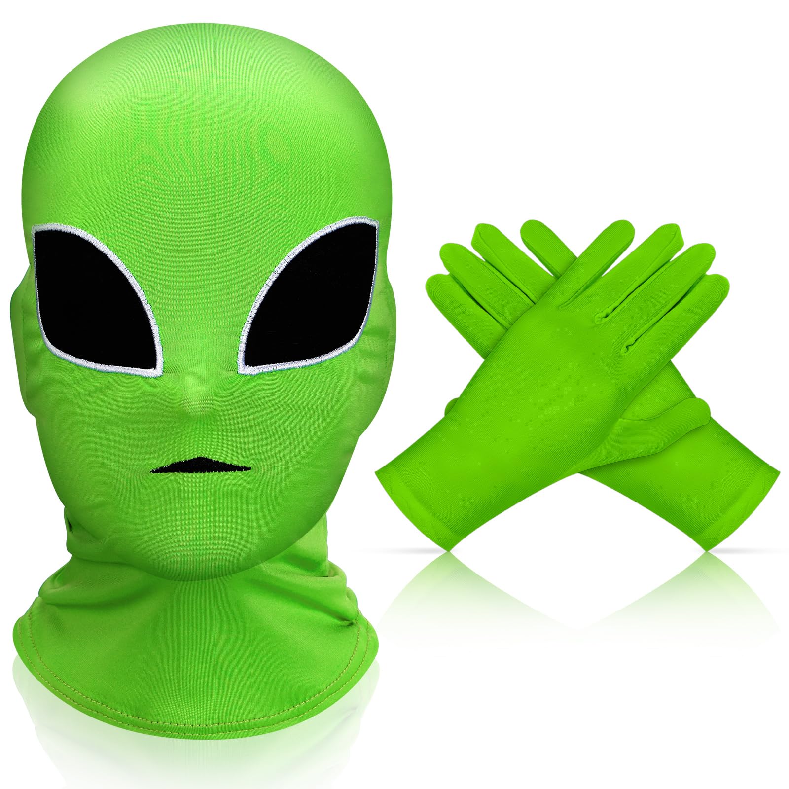 Green Unisex Halloween Alien Mask Costume Gloves Set Full Face Hood Mask Classic Long Spandex Gloves Alien Costume Accessories for Adult Men Women ET Alien Cosplay