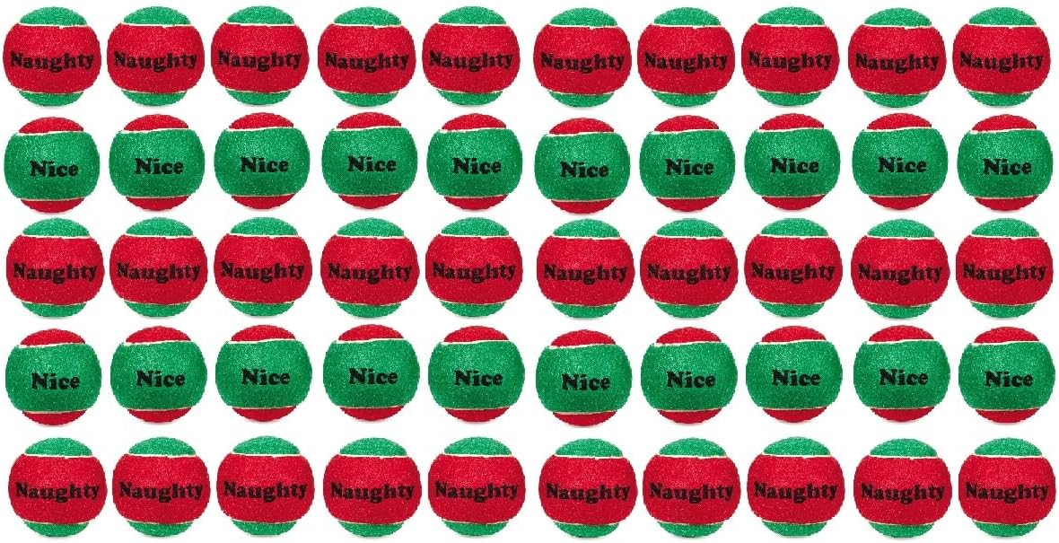Bulk Dog Tennis Ball Toys Naughty or Nice Holiday Christmas Themed Red Green (50 Balls)