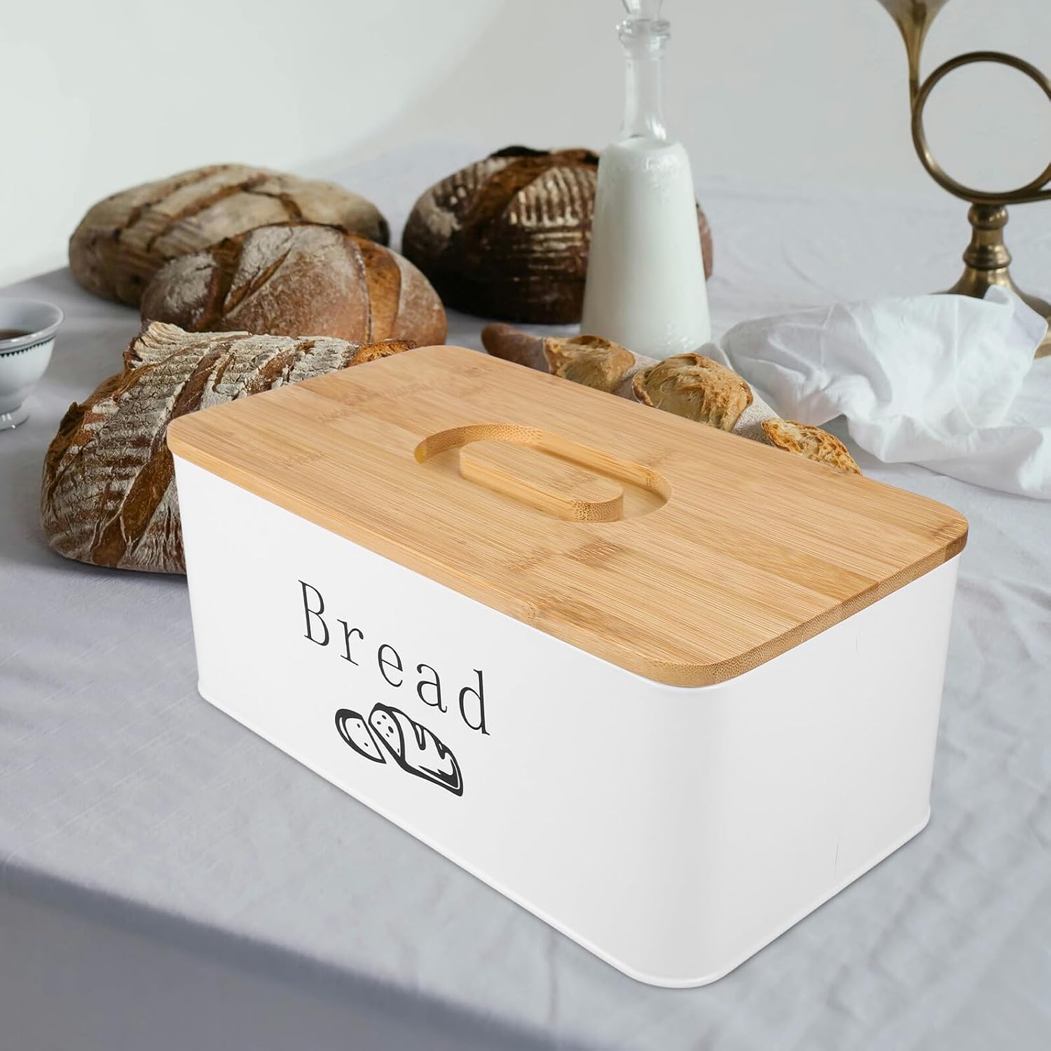 Cabilock Bread Storage Bin with Custom Grooved White Metal Lid, Kitchen Bread Box for Countertop Food Storage Organizer