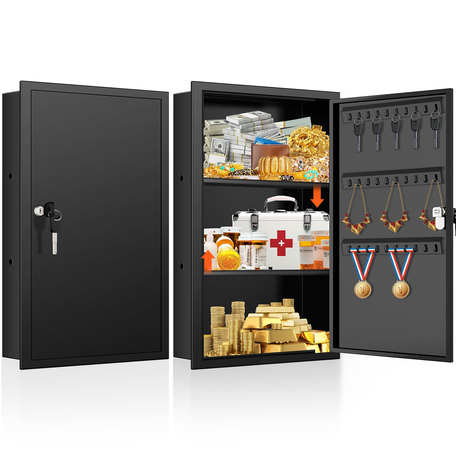 22.05" Tall Wall Safes Between the Studs with Removable Shelf, Lockable Hidden Safe Box with 10 Hooks for Keys Jewellery, in Wall Safe for Money Medicines Valuables