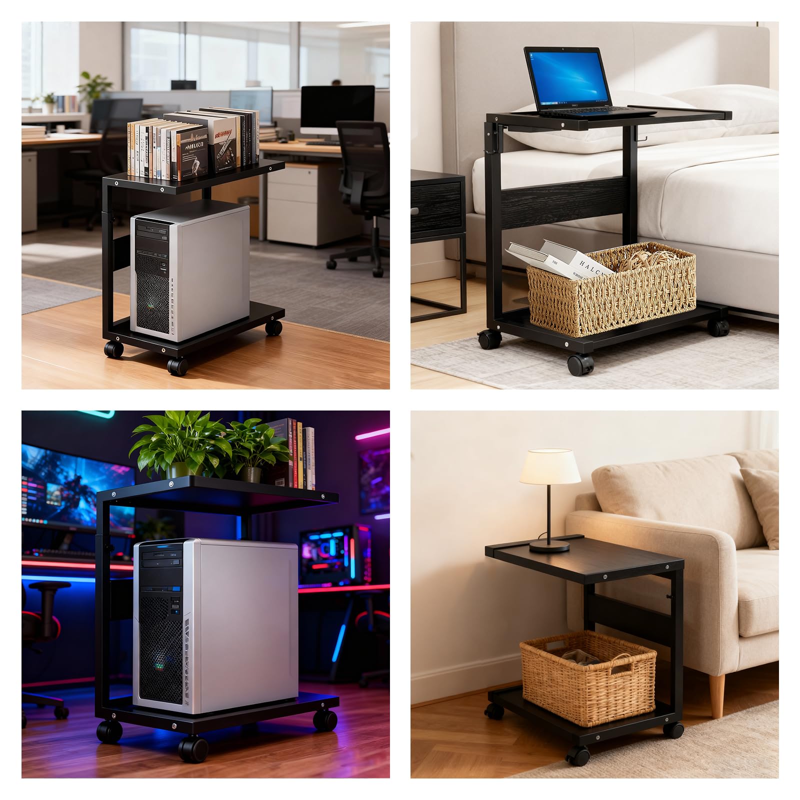 Porta PC con Rotelle, Supporto per Computer Tower Regolabile in Altezza | Mobile per Stampante con 4 Ganci, per Scrivania e Pavimento (58.5-72 cm)