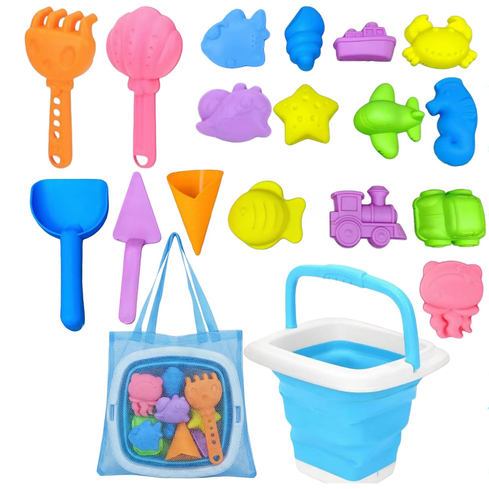 Juego de juguetes de arena 19 piezas, juguetes para la playa para niños - cubo plegable con pala de arena | Juguete de caja de arena con bolsa de malla para playa, viaje,regalo a partir de 3 (azul)
