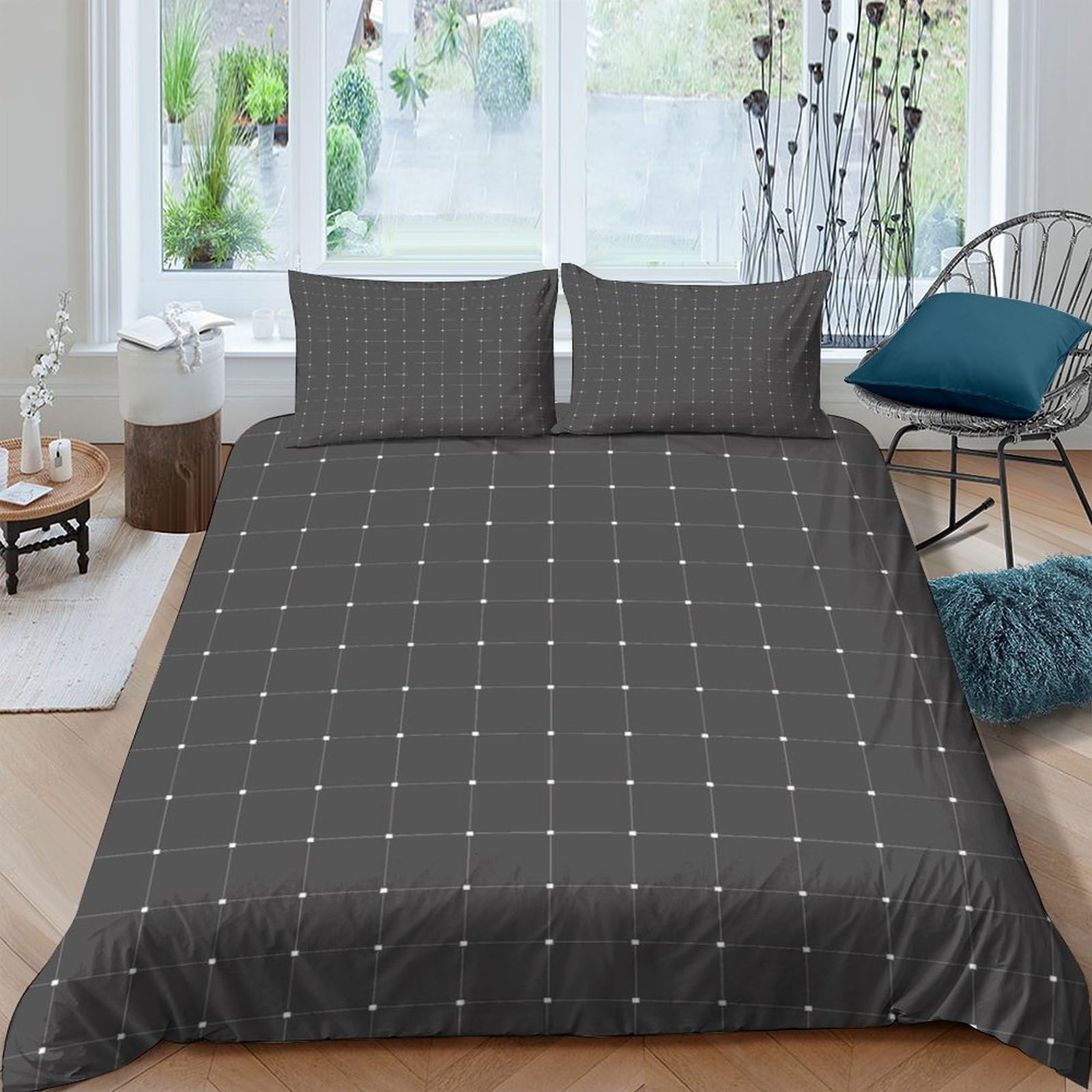 Housse de couette grise à carreaux 3D 140x200 microfibre pour lit simple