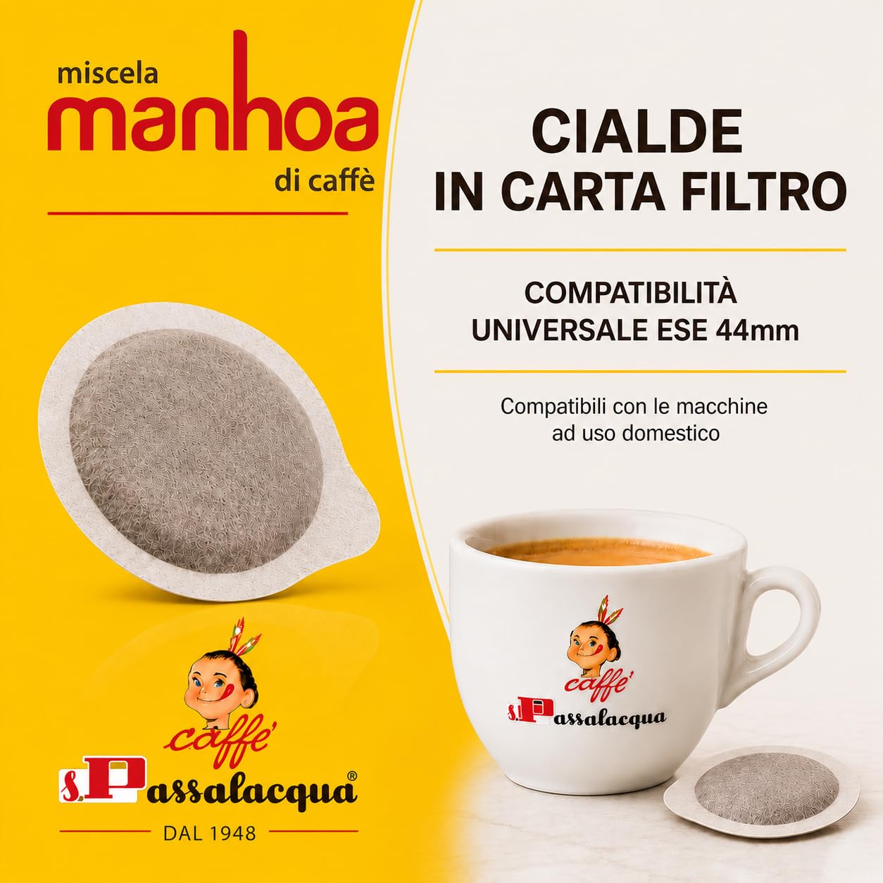 Passalacqua Caffè Premium – Manhoa 100 Cialde ESE 44mm – Tostatura Autentica Napoletana 75% Arabica – Dolce e Aromatico con Note di Miele, Cioccolato e Caramello – Made in Italy