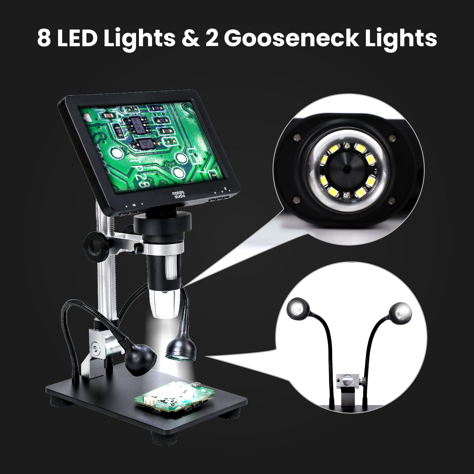 Matatastudio Microscopio digitale MT2 1200X HDMI con schermo IPS HD da 7'', Microscopio di saldatura con lente d'ingrandimento per monete 1080P per bambini e adulti, 10 luci LED, compatibile con
