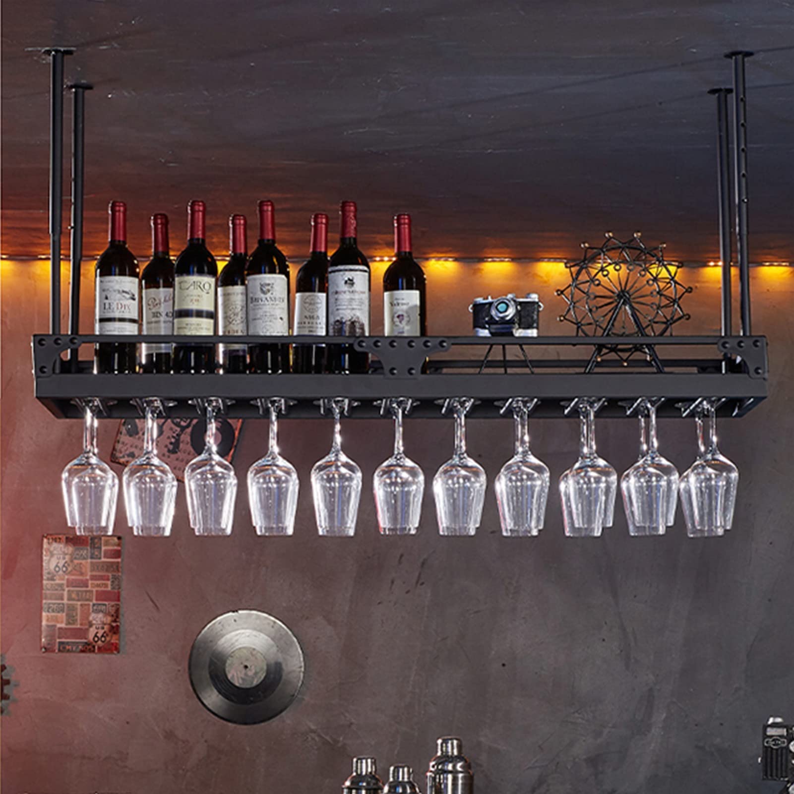 Porte-bouteilles de plafond noir étagère suspendue verre et vin cuisine
