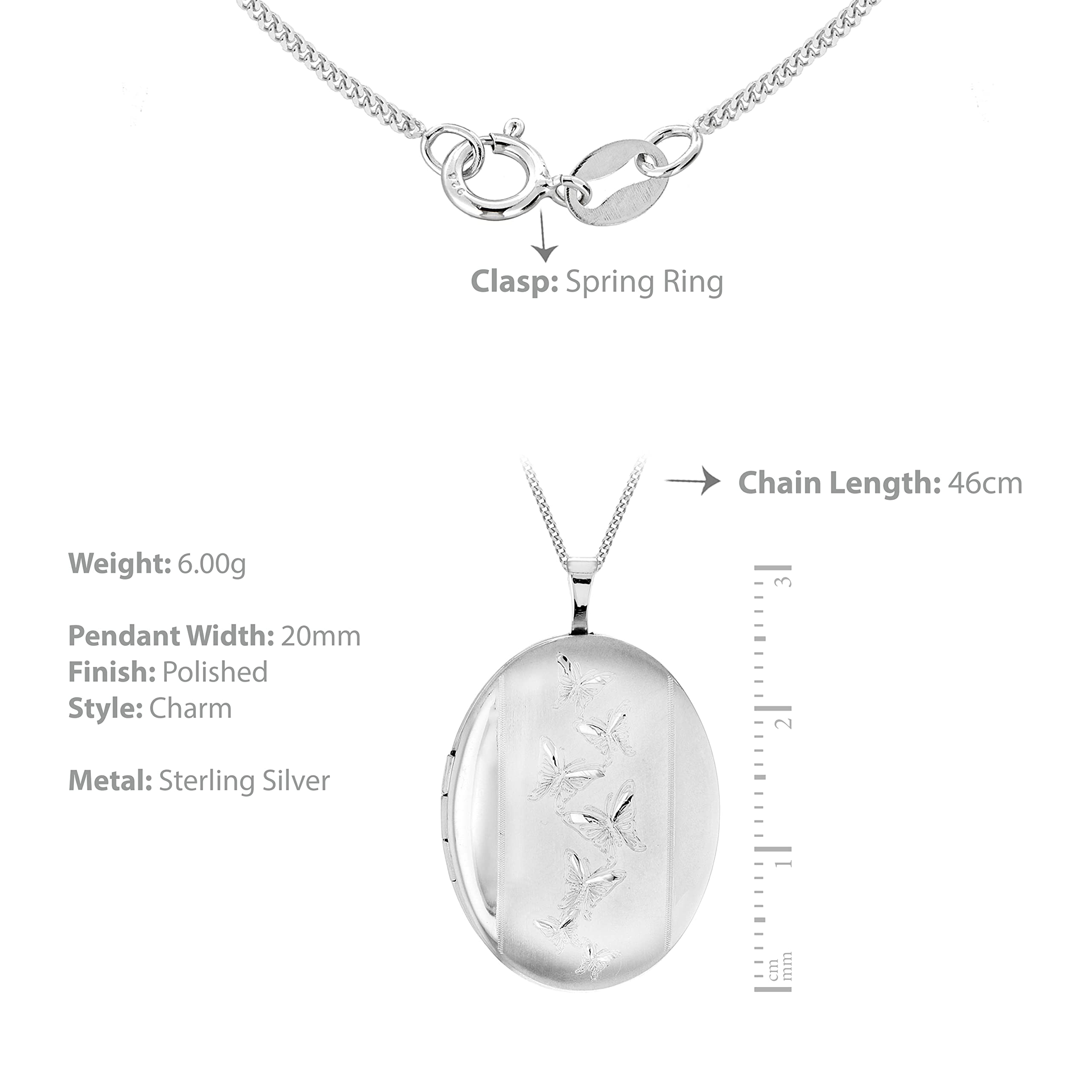 Tuscany Silver Medaglione ovale con farfalla incisa in argento sterling 925 su catena grumetta da 46 cm