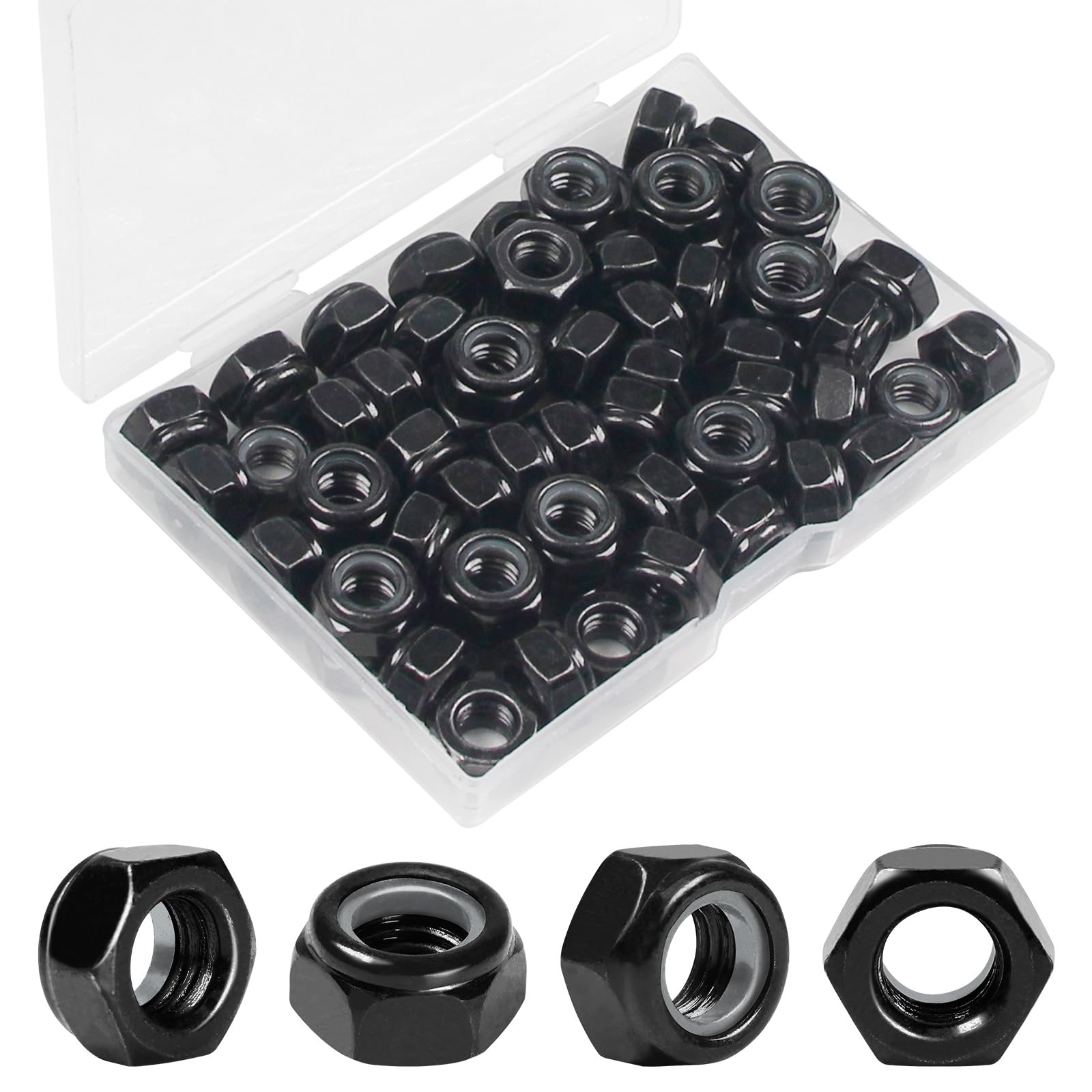 Yinpecly 50Pcs M8 x 1.25mm Nylon Insert Hex Lock Nuts Carbon Steel Zinc Plated Locknuts Self-Locking Nut M8 Metric Black Standard Threaded Nylock Nuts
