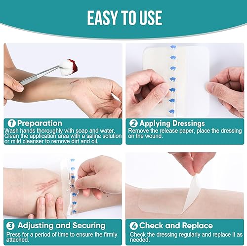 Miniatura 8 de Paquete de 40 apósitos hidrocoloides para heridas de 4" x 4", parches de vendaje hidrocoloide con autoadhesivo, vendajes para úlceras por presión,